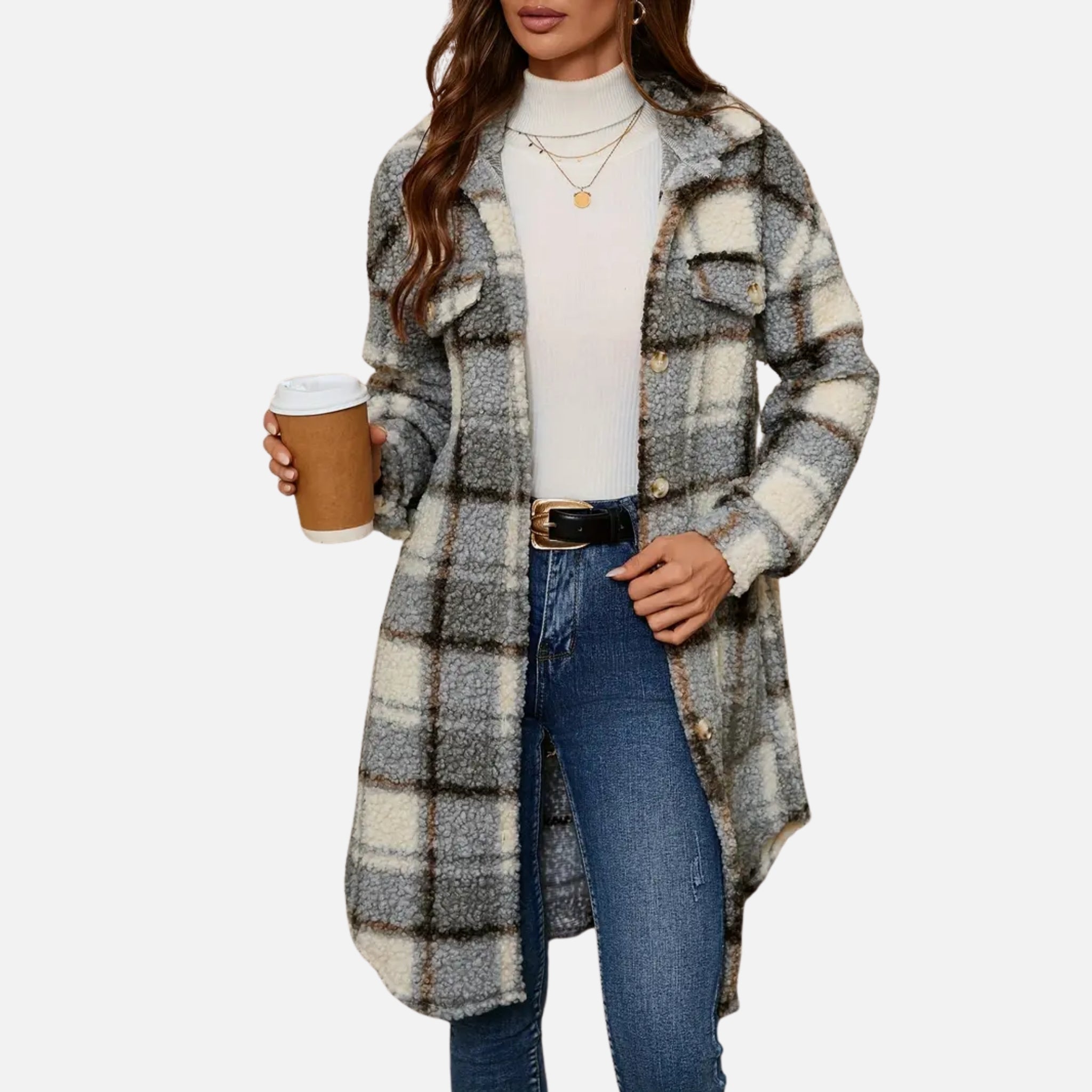 NolaKwin | Damski Długi Sweter Fleece w Kratę z Kołnierzem i Długimi Rękawami