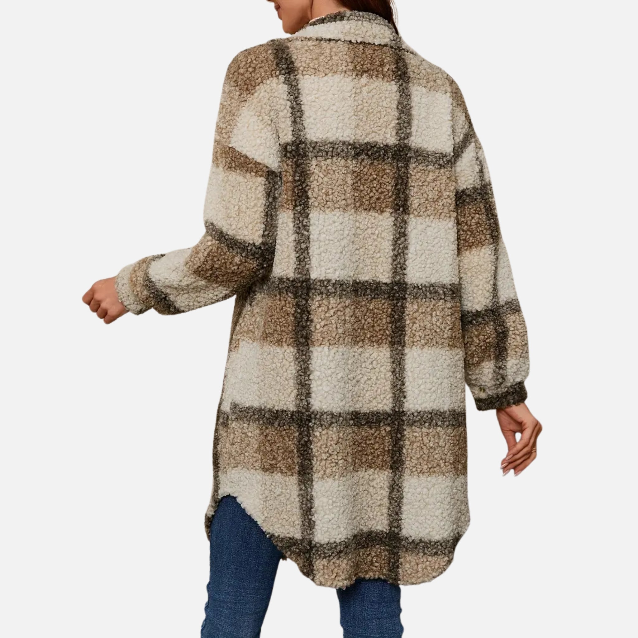 NolaKwin | Damski Długi Sweter Fleece w Kratę z Kołnierzem i Długimi Rękawami