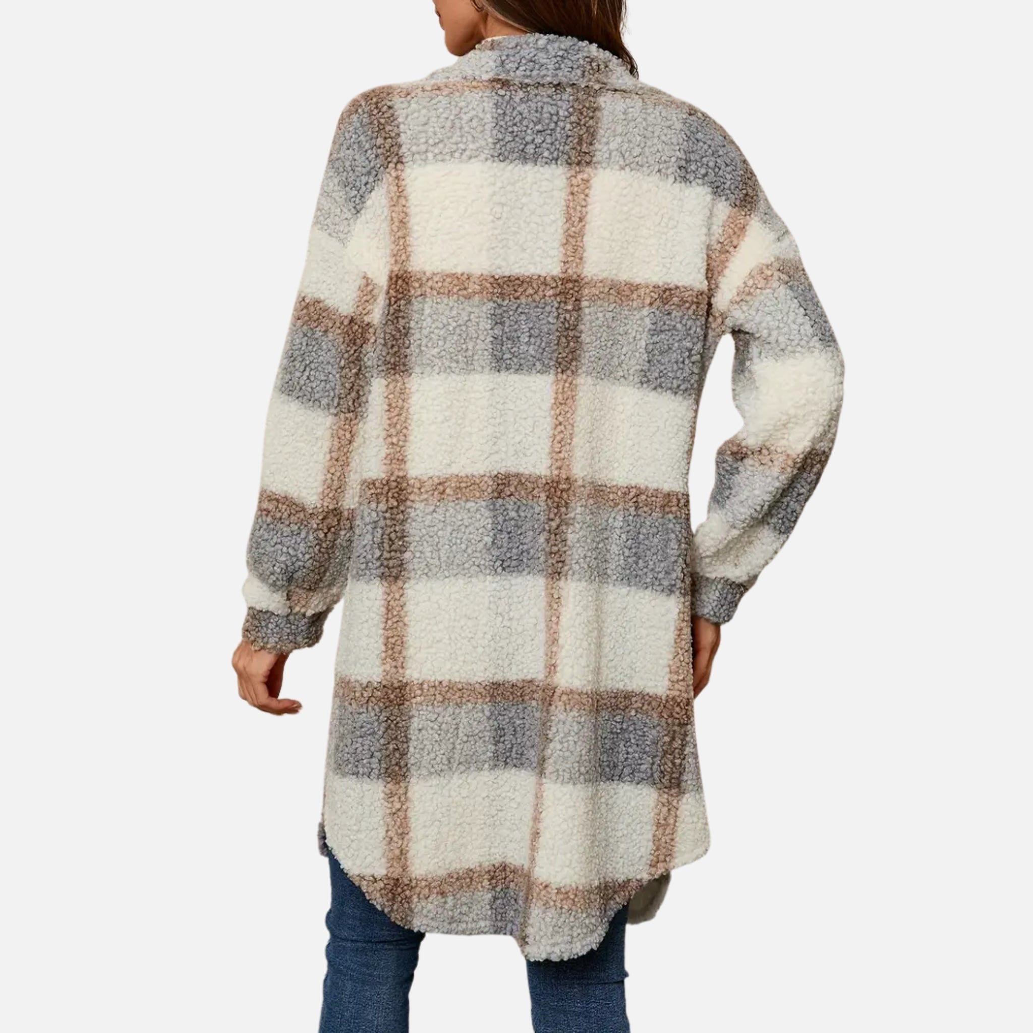 NolaKwin | Damski Długi Sweter Fleece w Kratę z Kołnierzem i Długimi Rękawami