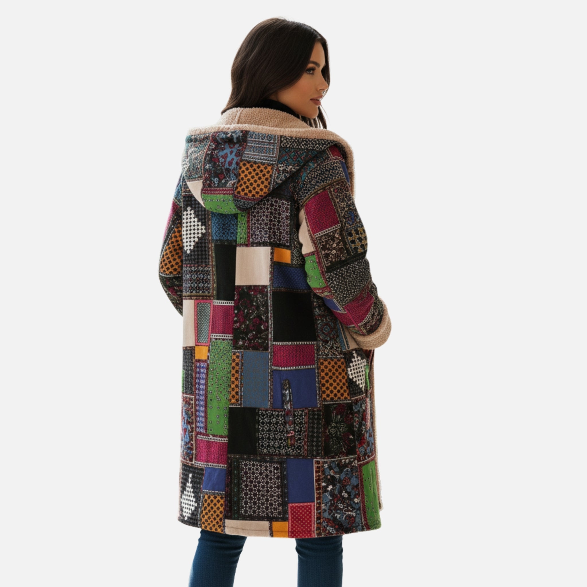 NolaKwin | Ciepła polarowa kurtka damska z kapturem, etniczny półdługi kardigan z bawełny