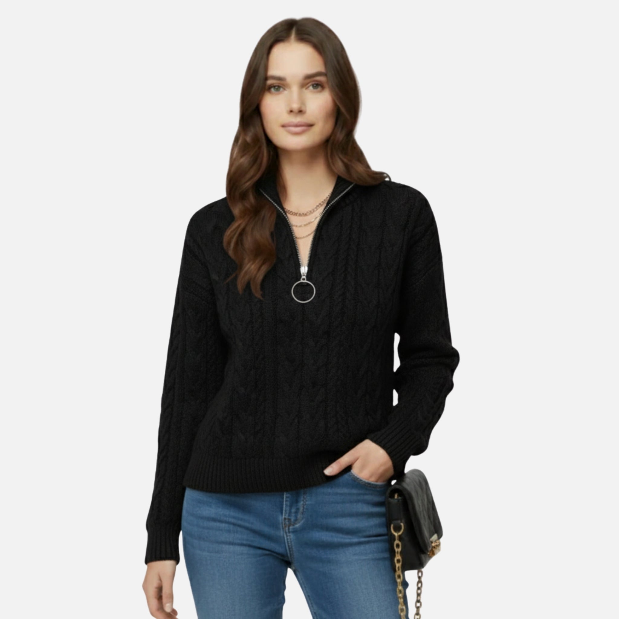 NolaKwin | Nowoczesny sweter damski z dekoltem w serek i zamkiem, stylowy i casualowy, jednokolorowy, z długimi rękawami