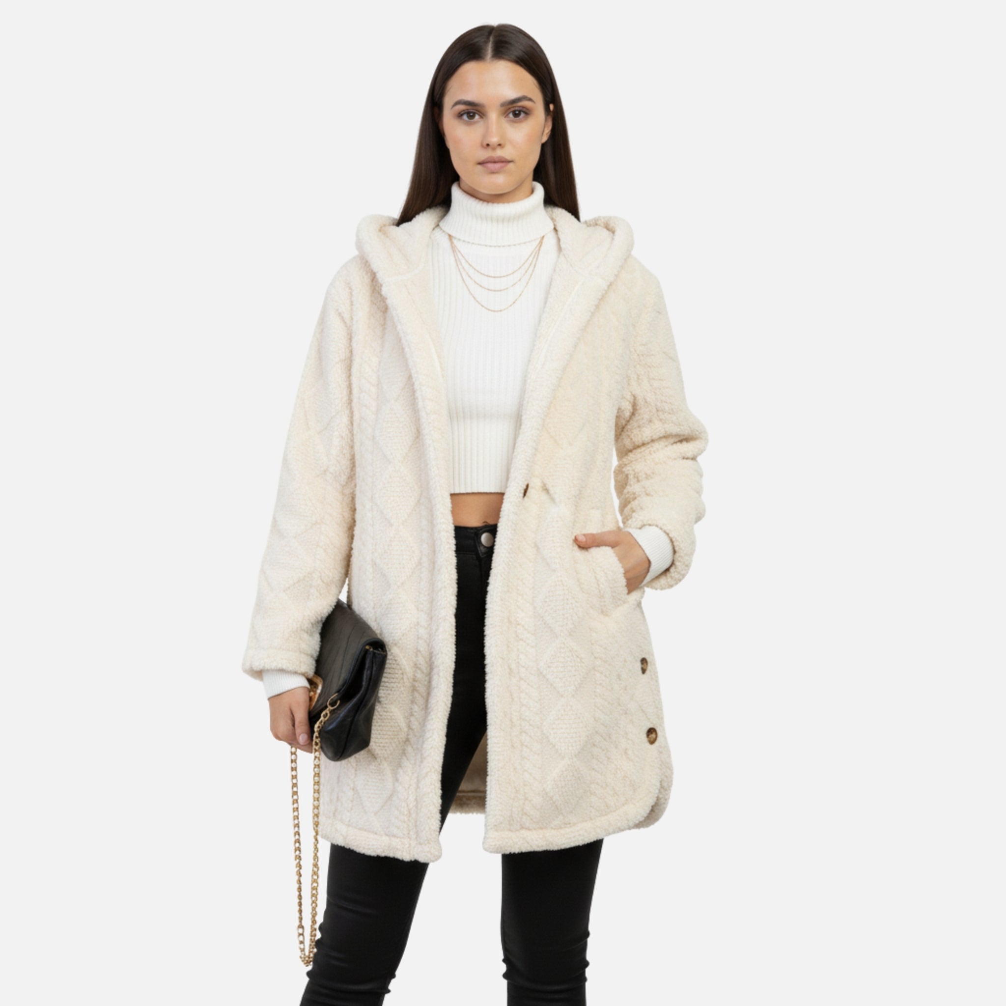 NolaKwin | Damska kurtka casualowa z wzorem argyle, teksturowana, polarowa z kapturem i guzikami