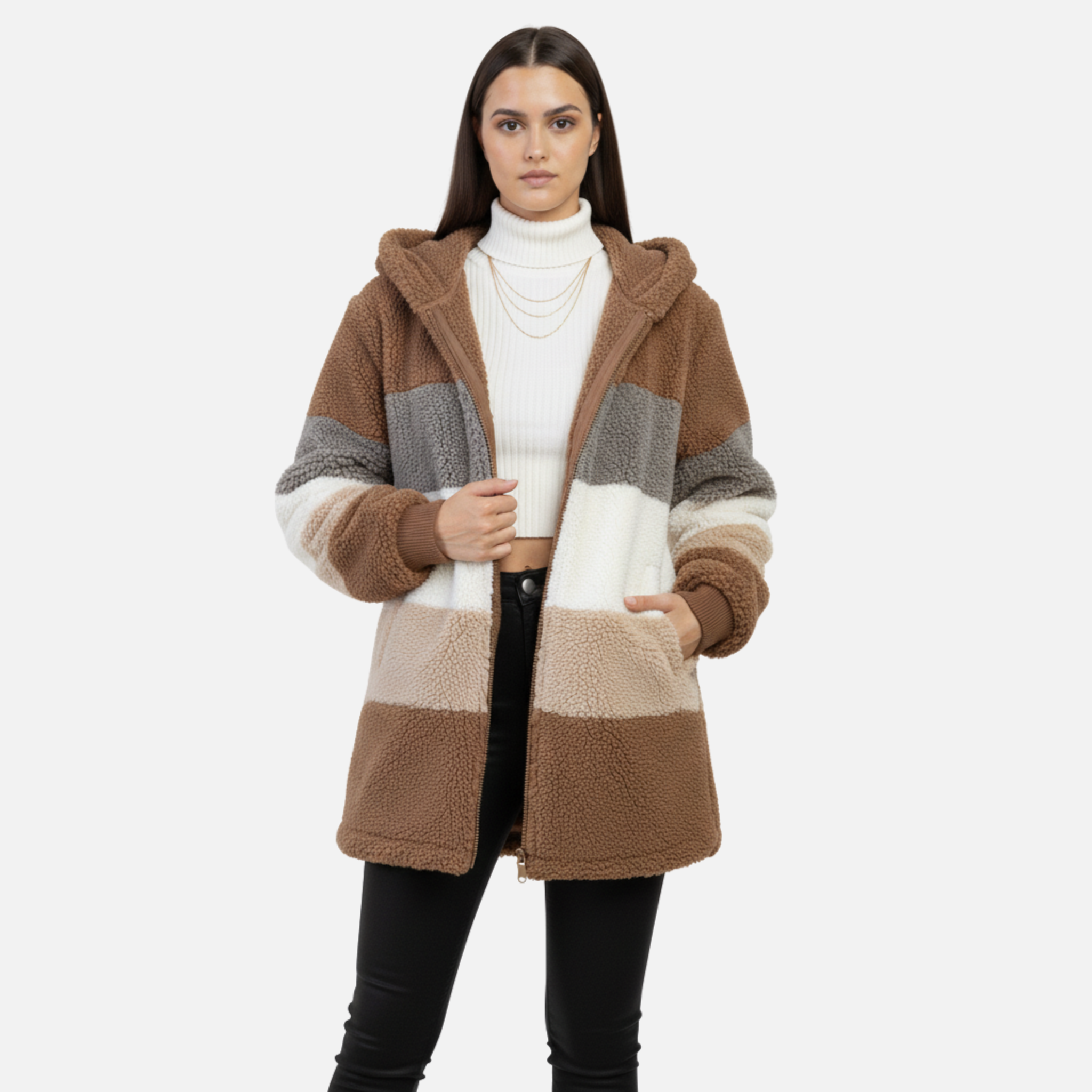 NolaKwin | Damski długi kardigan w paski na jesień i zimę, z lampionowymi rękawami i kapturem