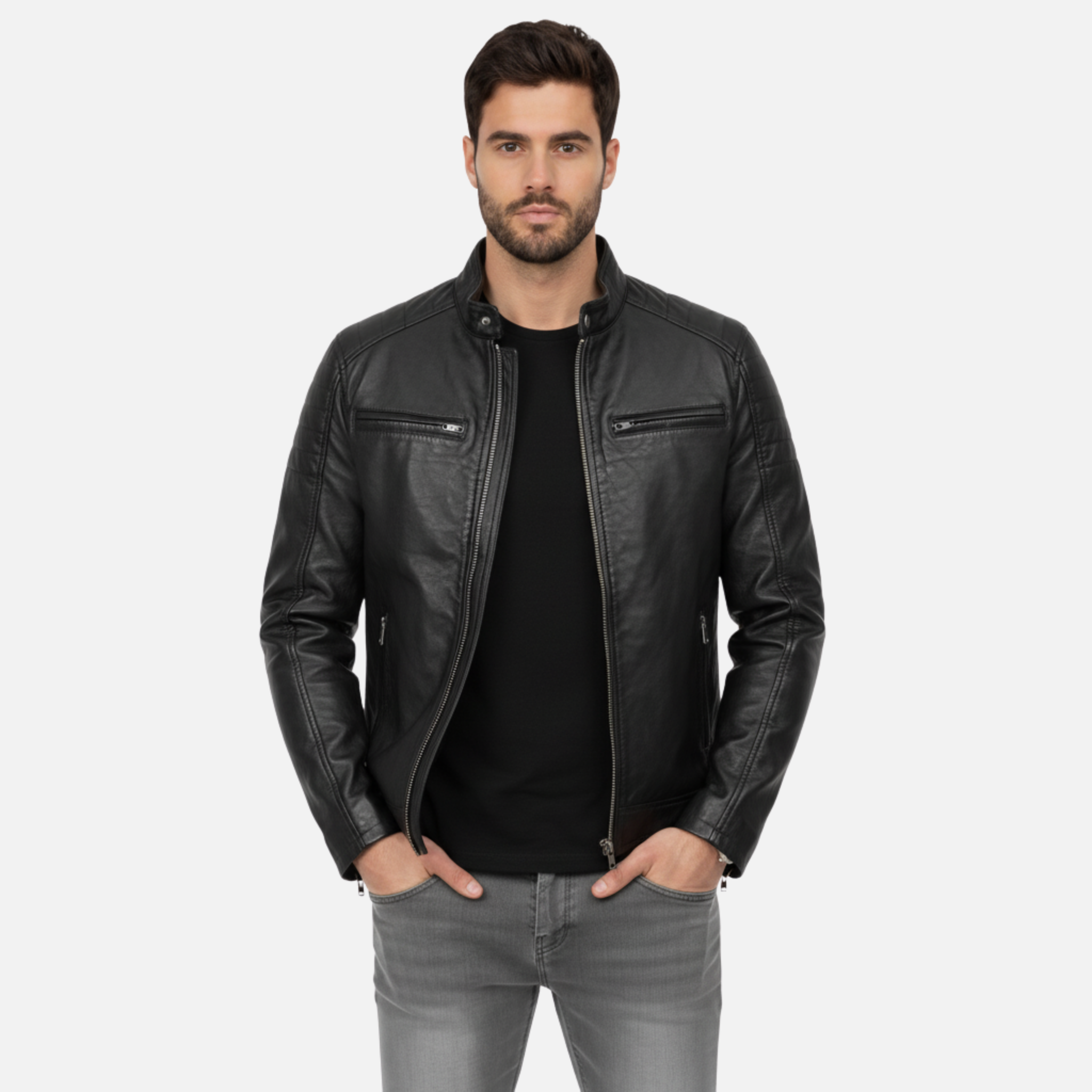 NolaKwin | Męska skórzana kurtka motocyklowa PU z kołnierzem stojącym, ukośnym zamkiem i wiatroszczelną budową