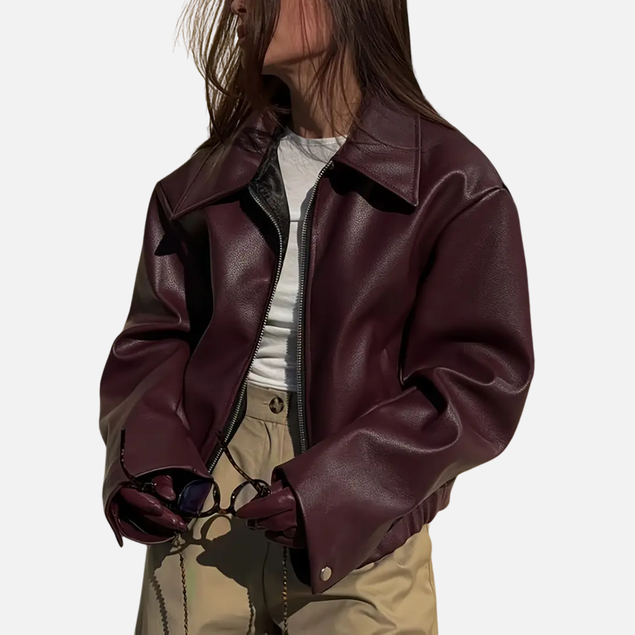 NolaKwin | Elegancka damska kurtka bomber z sztucznej skóry, długi rękaw, elastyczny dół, modna odzież wierzchnia