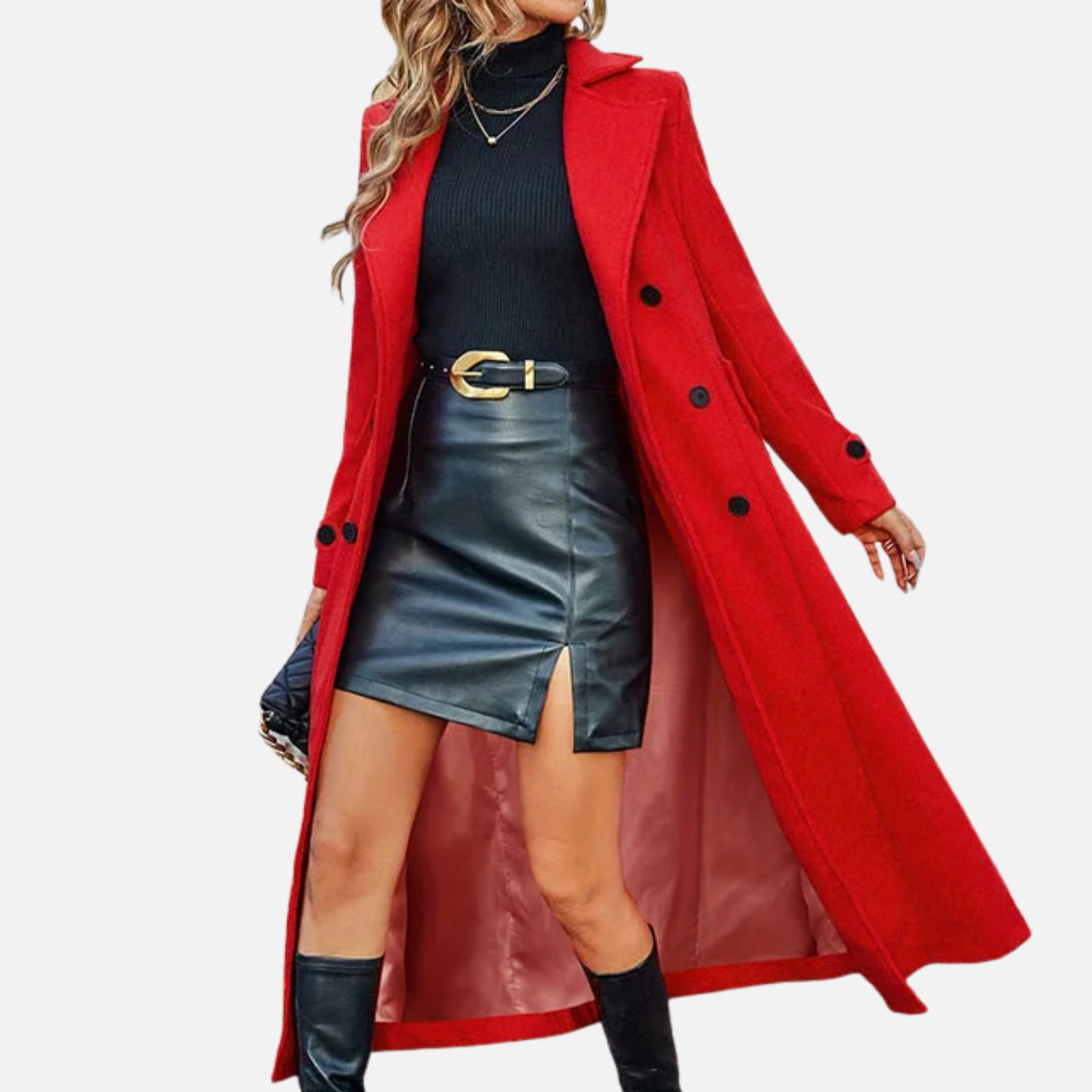 NolaKwin | Damski długi płaszcz dwurzędowy z pełnymi rękawami i klapami - elegancka kurtka na jesień/zimę z kieszeniami