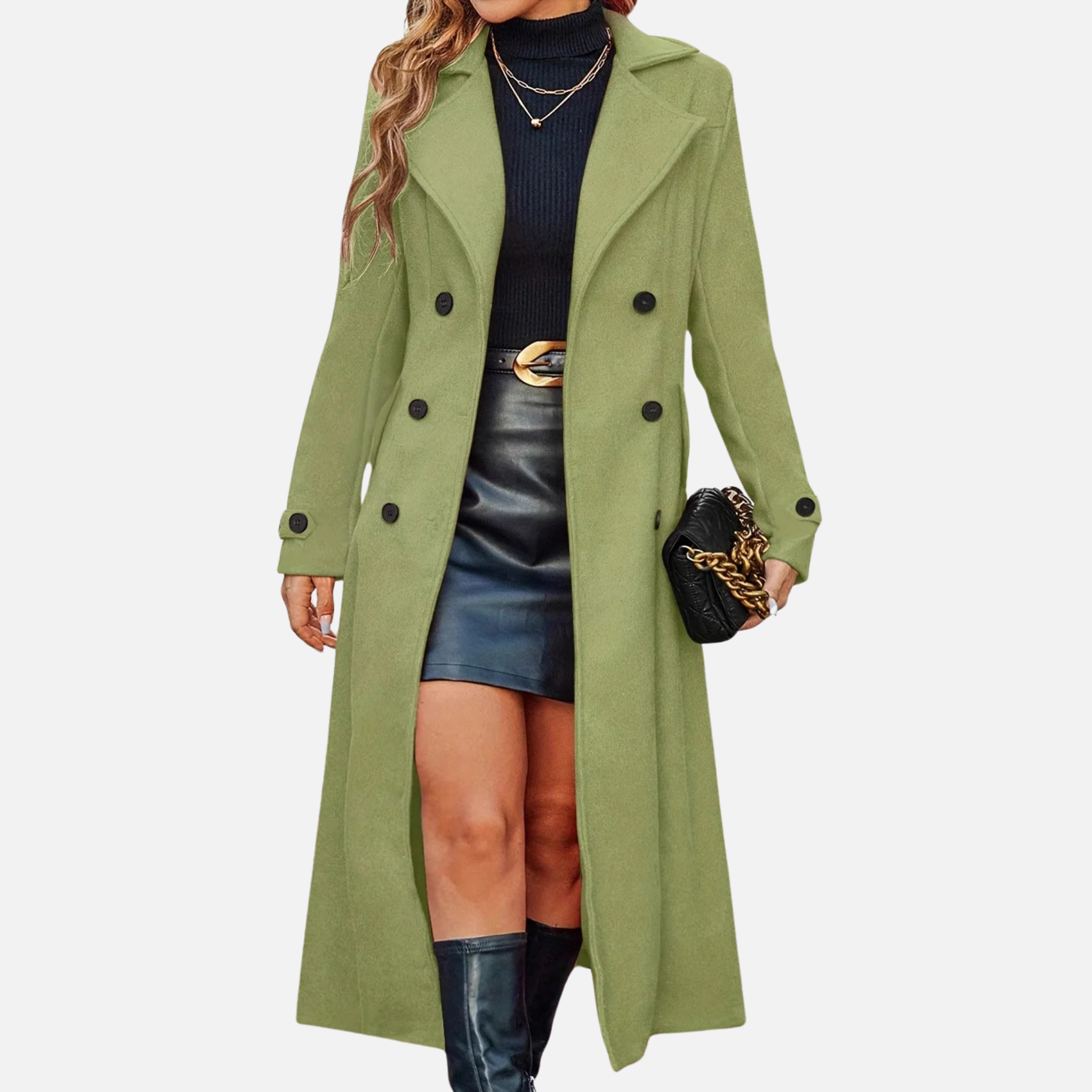 NolaKwin | Damski długi płaszcz dwurzędowy z pełnymi rękawami i klapami - elegancka kurtka na jesień/zimę z kieszeniami