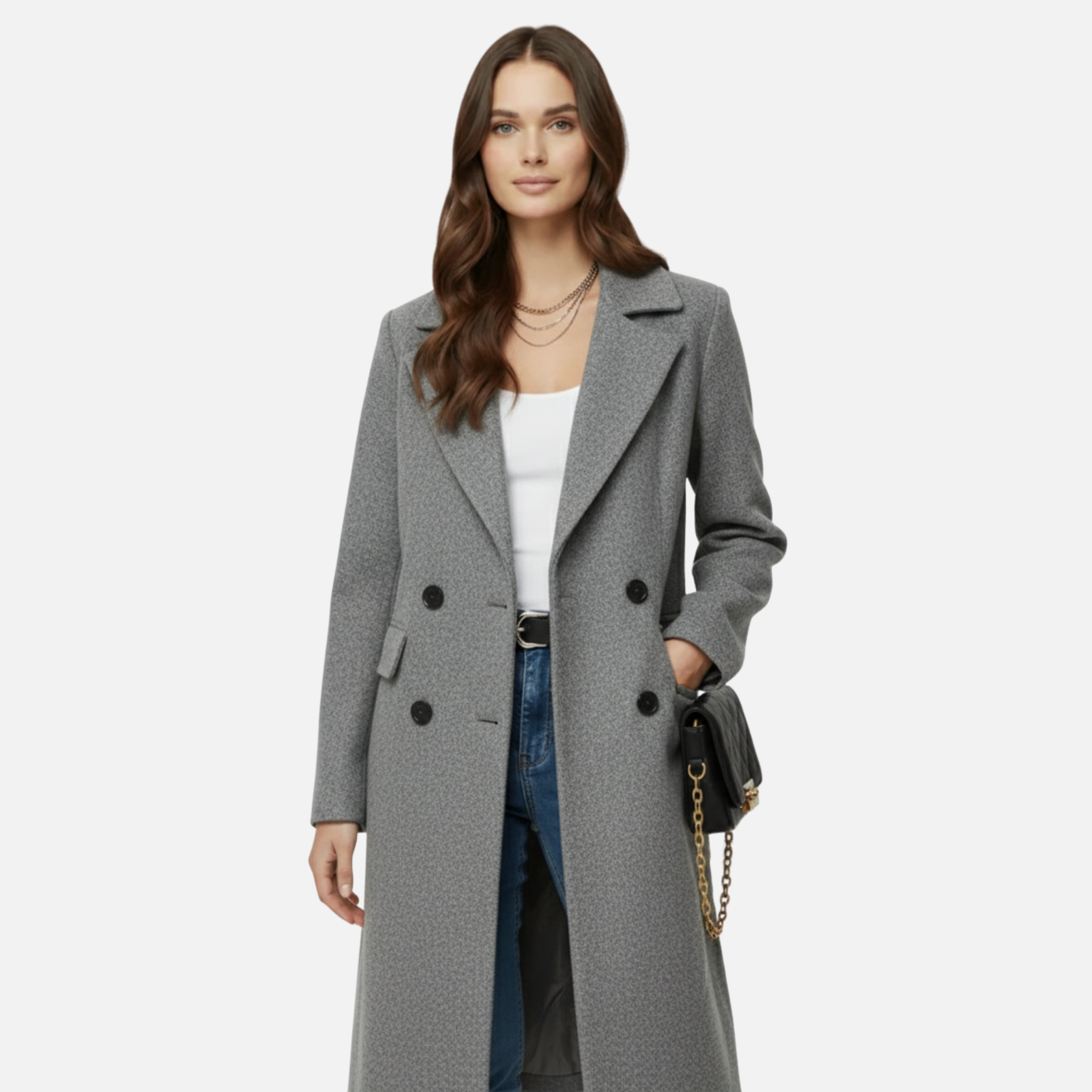 NolaKwin | Damski długi płaszcz dwurzędowy z pełnymi rękawami i klapami - elegancka kurtka na jesień/zimę z kieszeniami