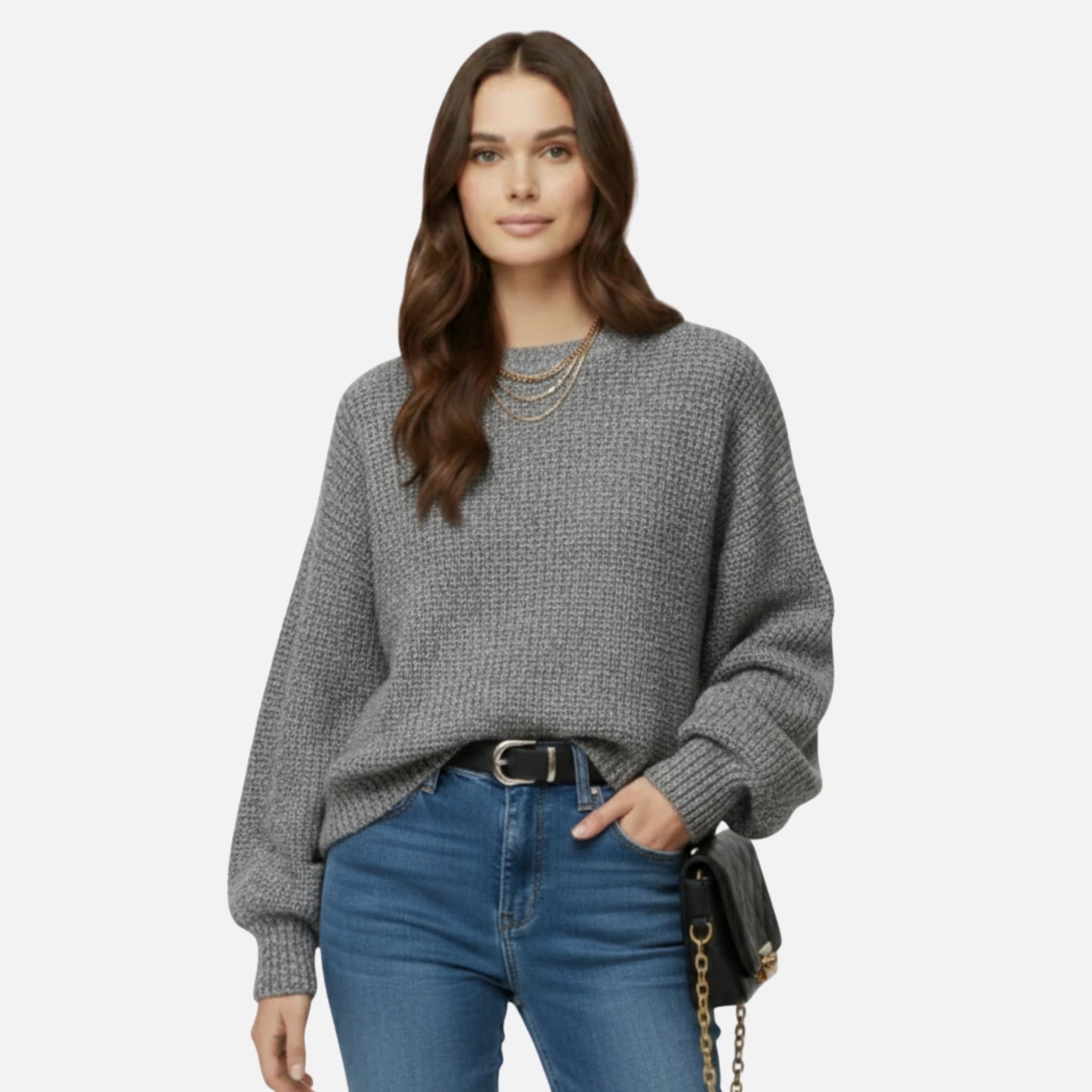 NolaKwin | Damski sweter z opadającymi ramionami, długimi rękawami i rozcięciem na dole, casualowy, okrągły dekolt