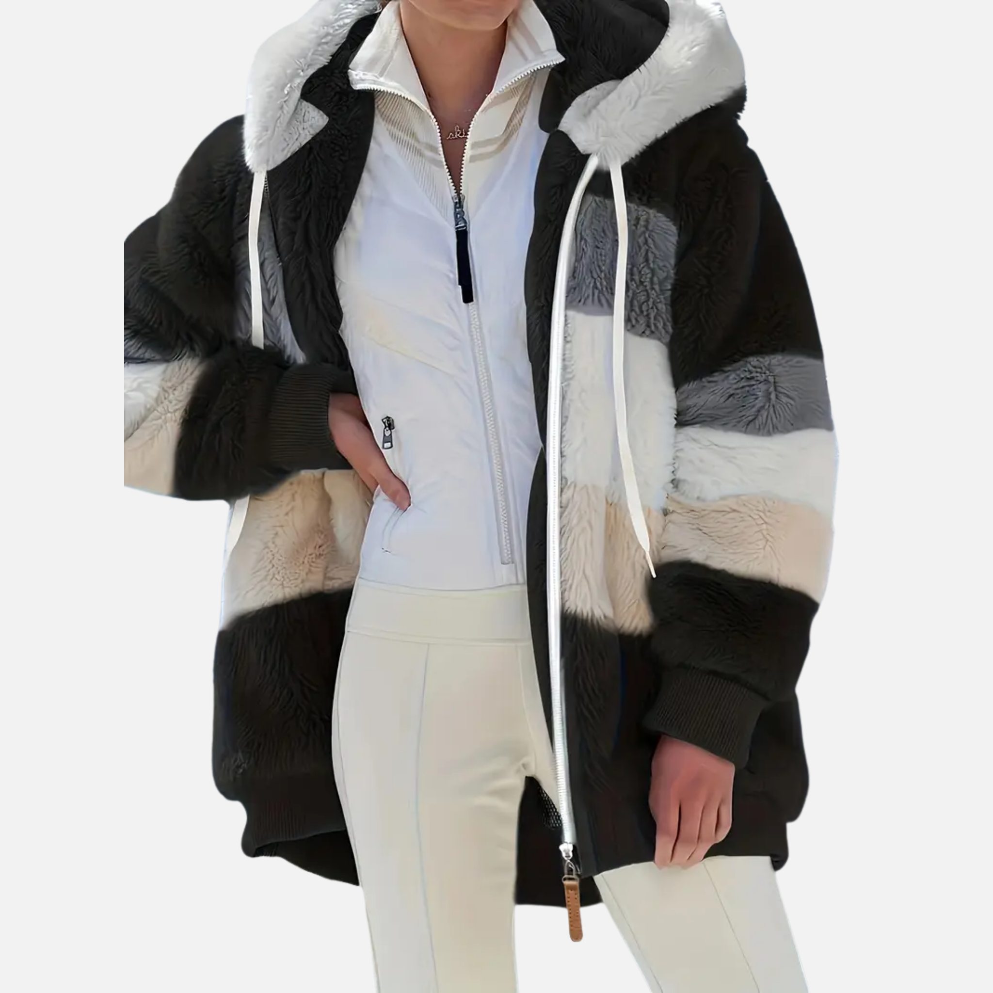 NolaKwin | Damski długi kardigan w paski na jesień i zimę, z lampionowymi rękawami i kapturem