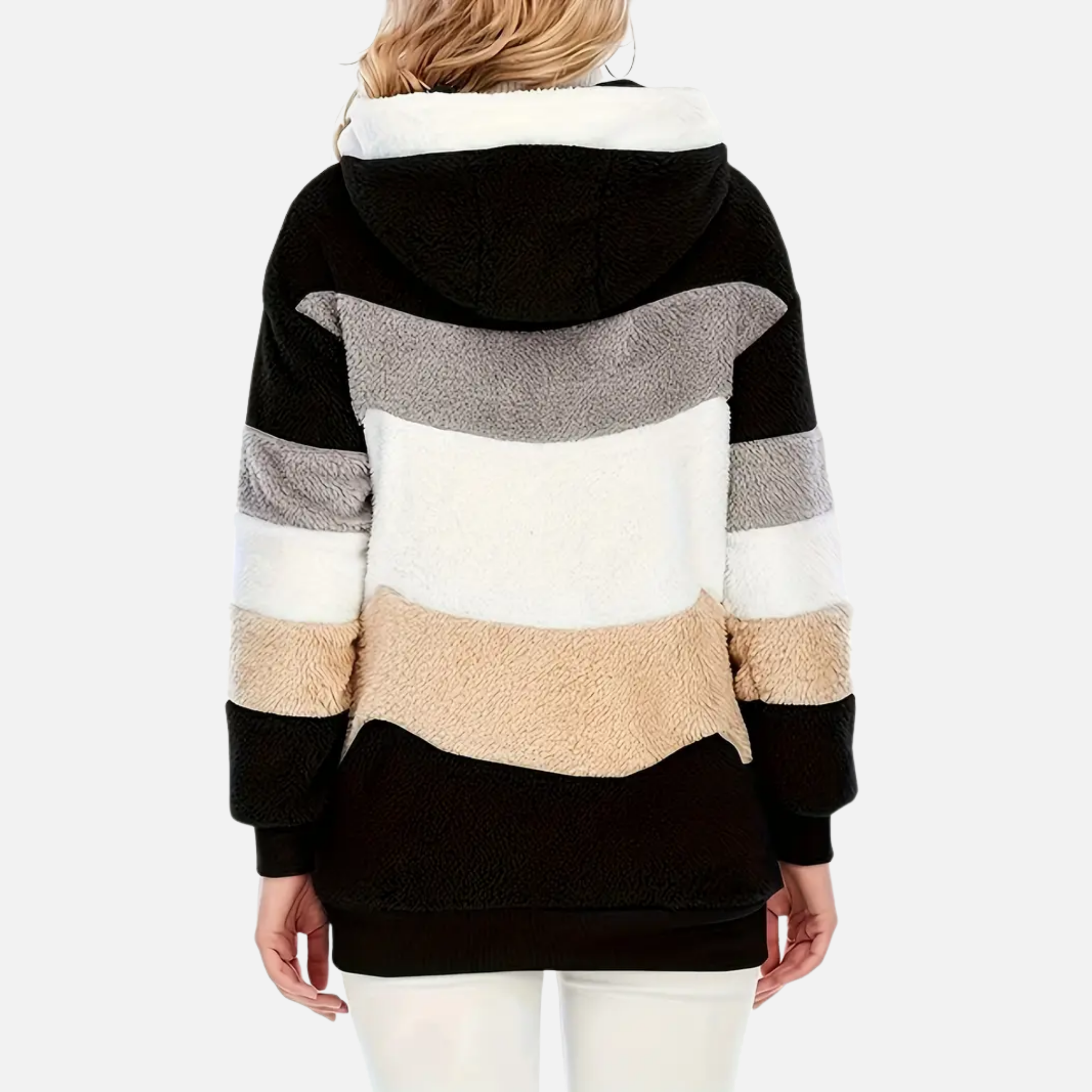 NolaKwin | Damski długi kardigan w paski na jesień i zimę, z lampionowymi rękawami i kapturem