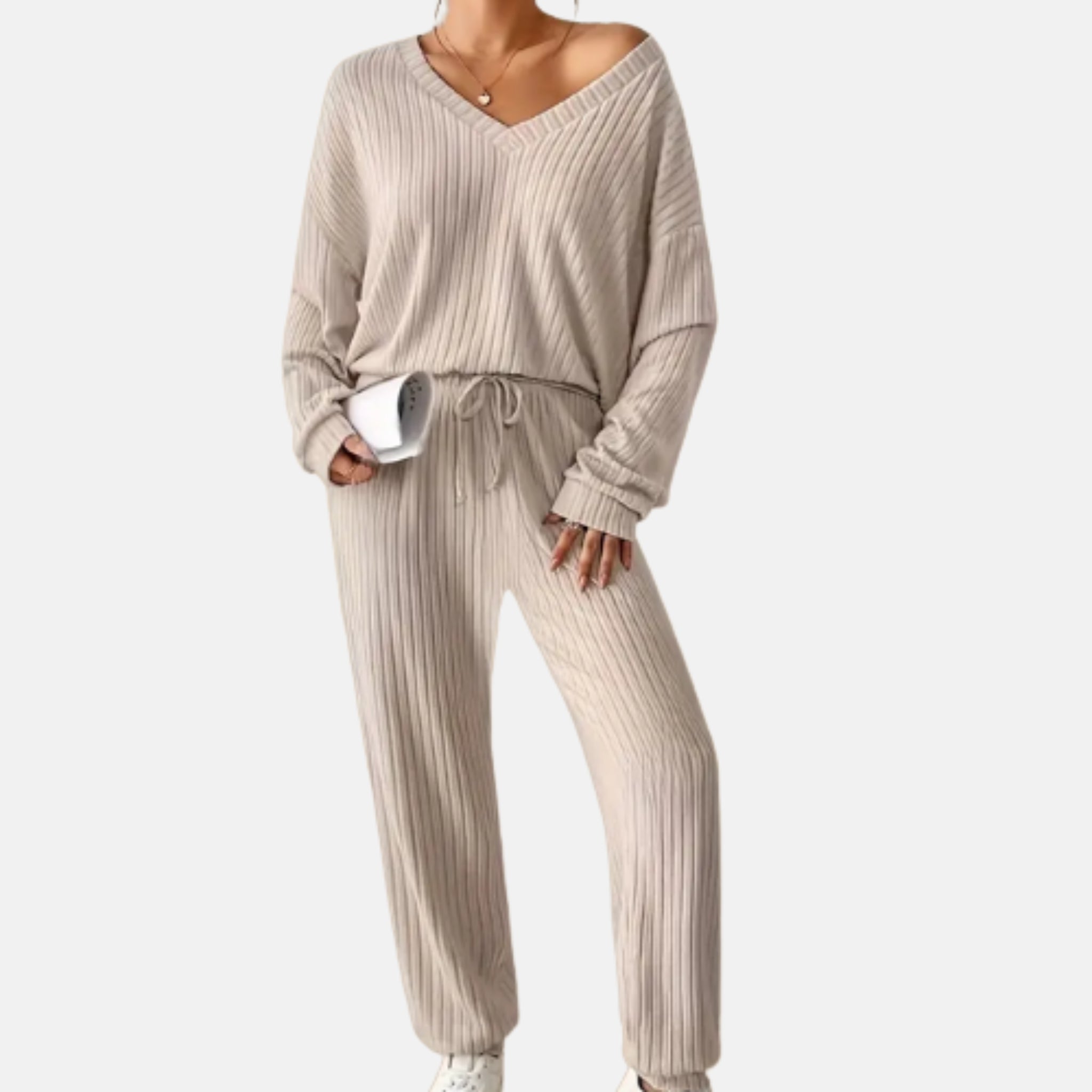 NolaKwin | Zestaw na Zimę Casual V-Neck Sweter Damski i Długie Spodnie - Prosty, Luźny Krój