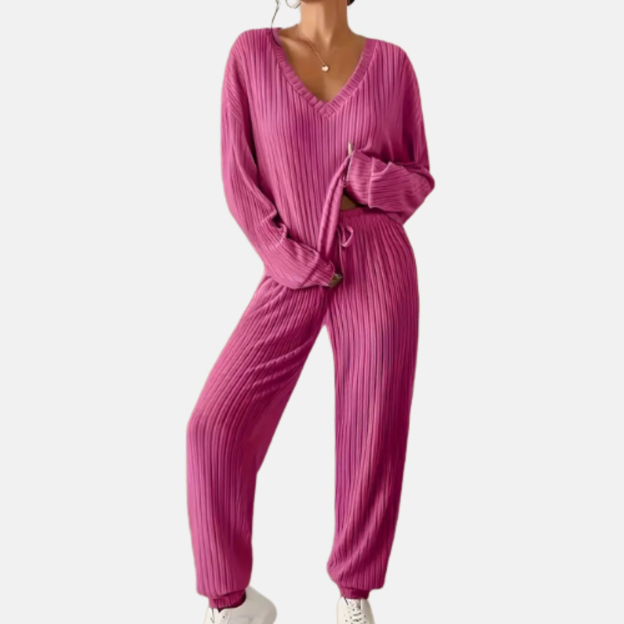 NolaKwin | Zestaw na Zimę Casual V-Neck Sweter Damski i Długie Spodnie - Prosty, Luźny Krój