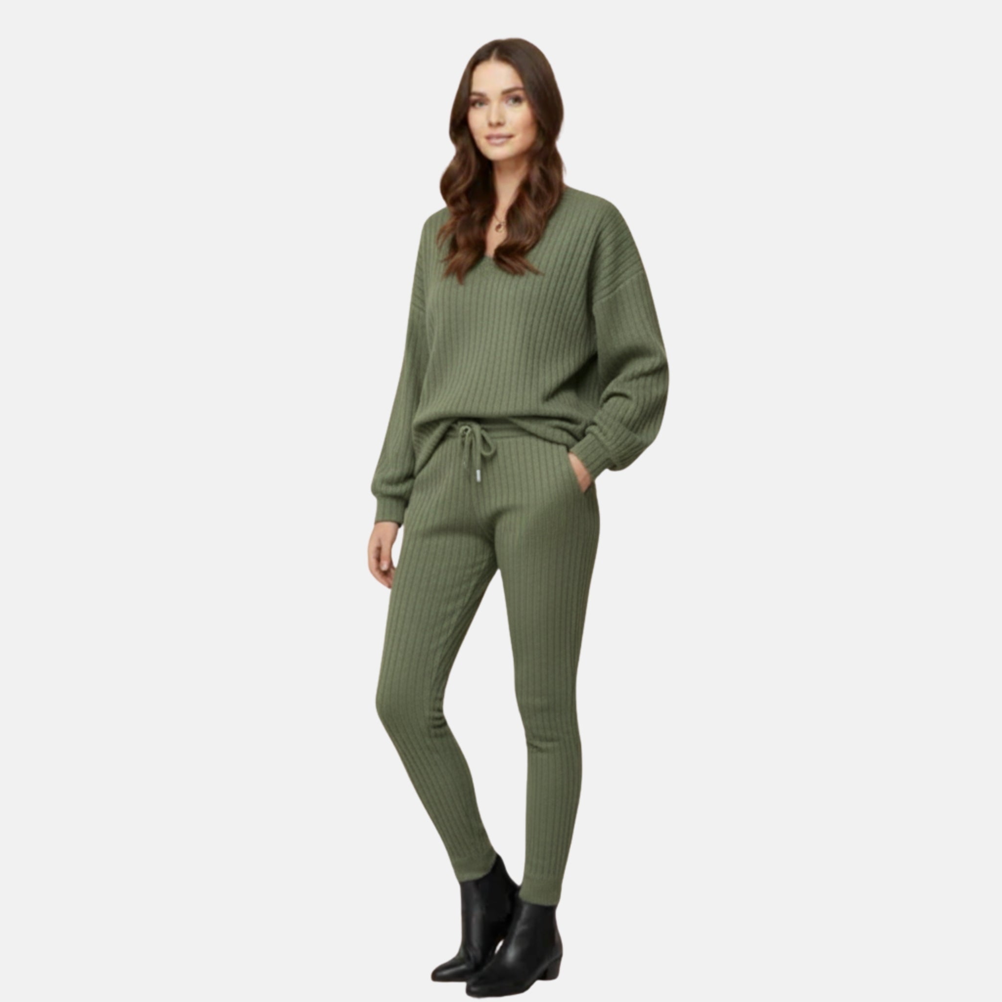 NolaKwin | Zestaw na Zimę Casual V-Neck Sweter Damski i Długie Spodnie - Prosty, Luźny Krój