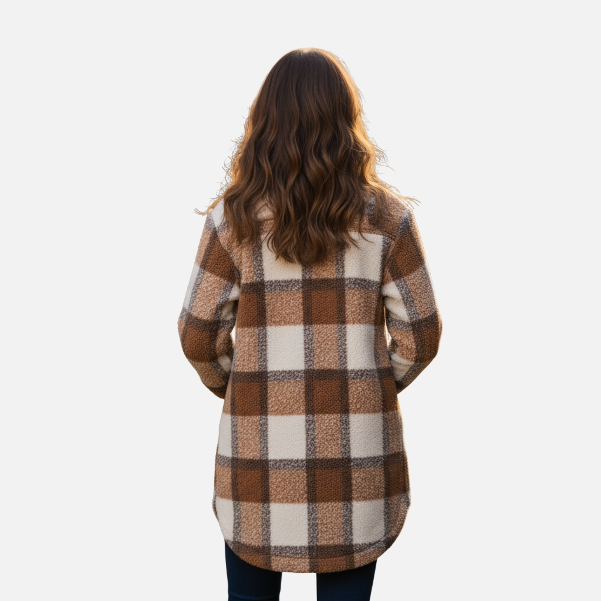 NolaKwin | Damski Długi Sweter Fleece w Kratę z Kołnierzem i Długimi Rękawami