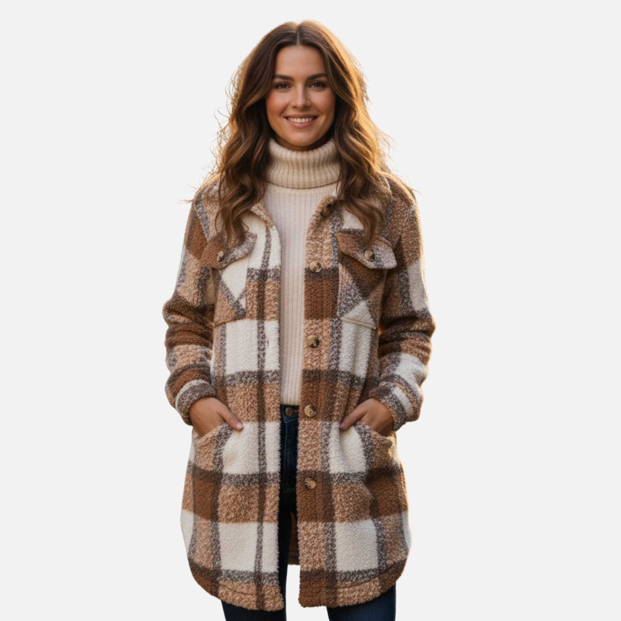 NolaKwin | Damski Długi Sweter Fleece w Kratę z Kołnierzem i Długimi Rękawami