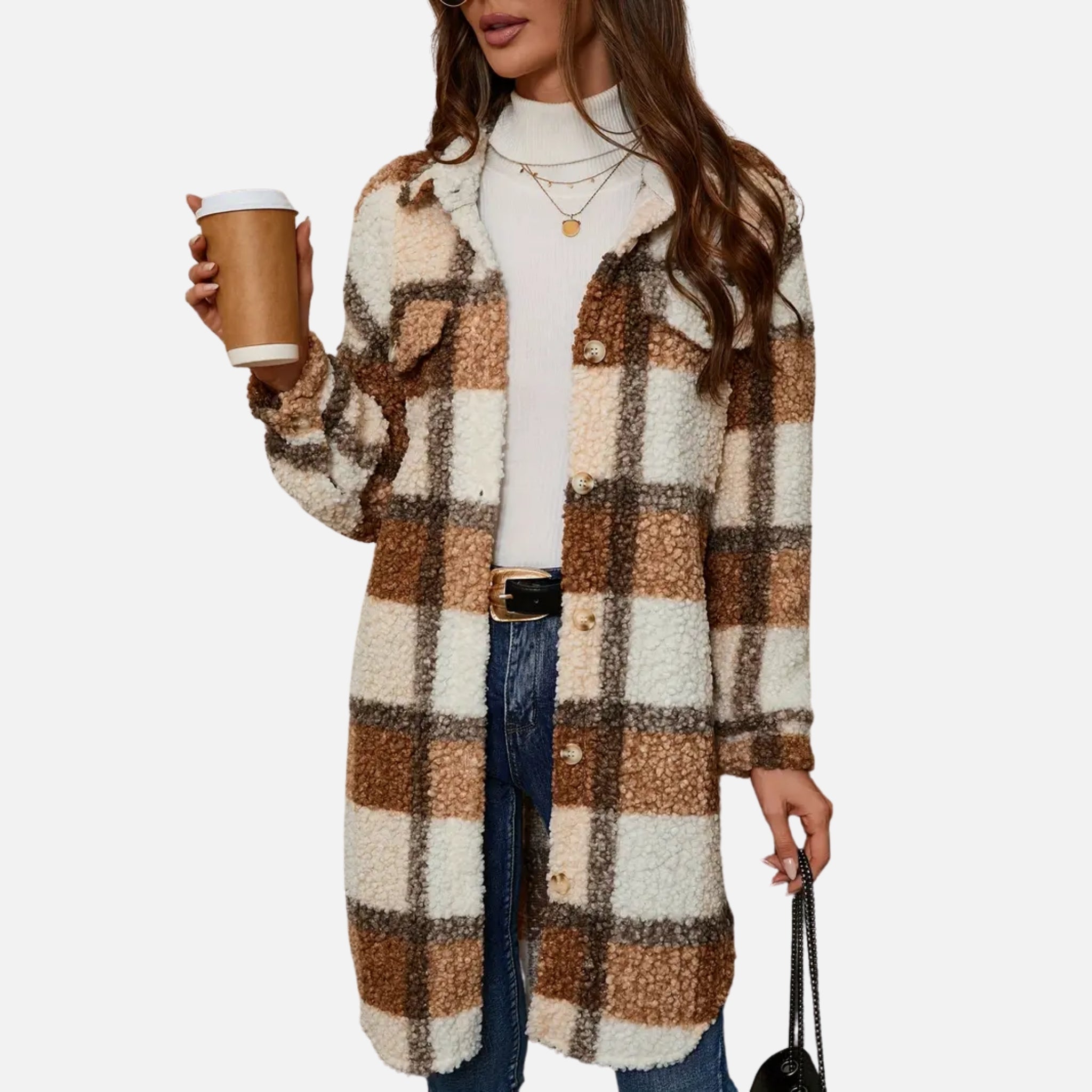 NolaKwin | Damski Długi Sweter Fleece w Kratę z Kołnierzem i Długimi Rękawami