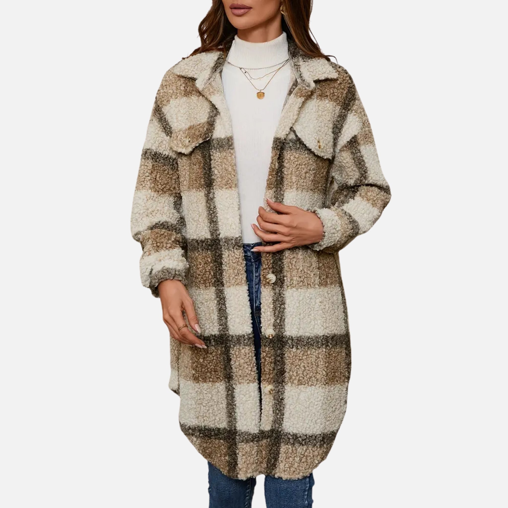 NolaKwin | Damski Długi Sweter Fleece w Kratę z Kołnierzem i Długimi Rękawami