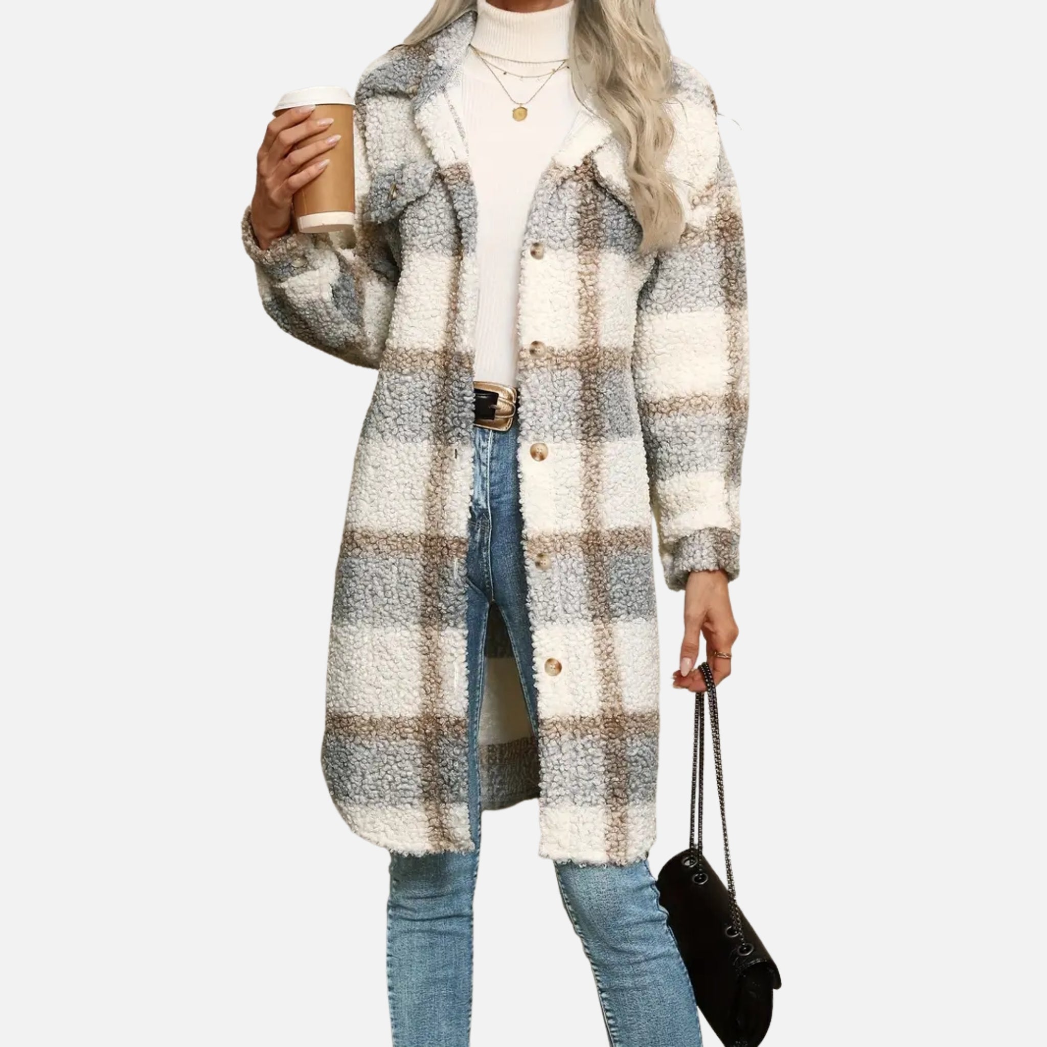 NolaKwin | Damski Długi Sweter Fleece w Kratę z Kołnierzem i Długimi Rękawami