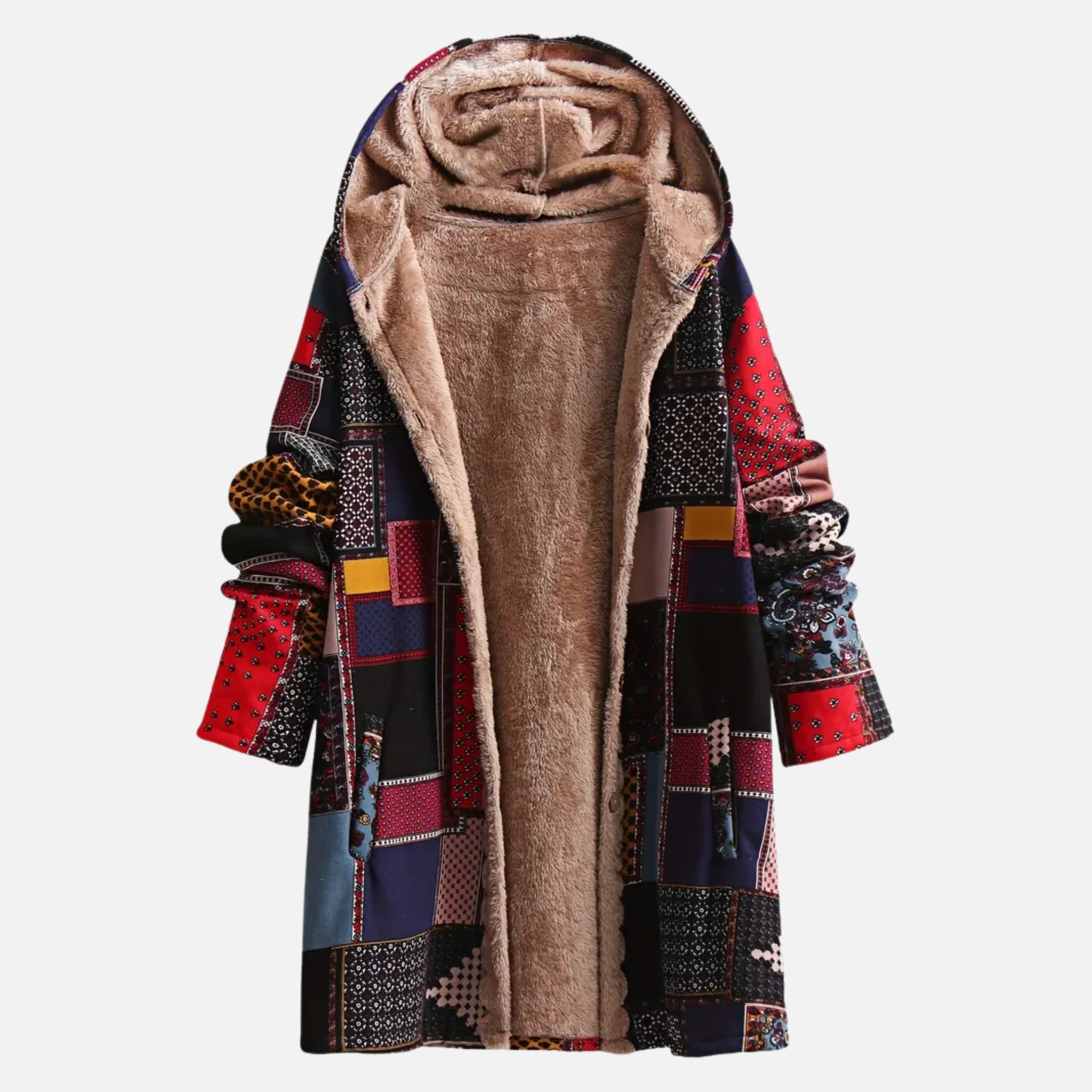 NolaKwin | Ciepła polarowa kurtka damska z kapturem, etniczny półdługi kardigan z bawełny