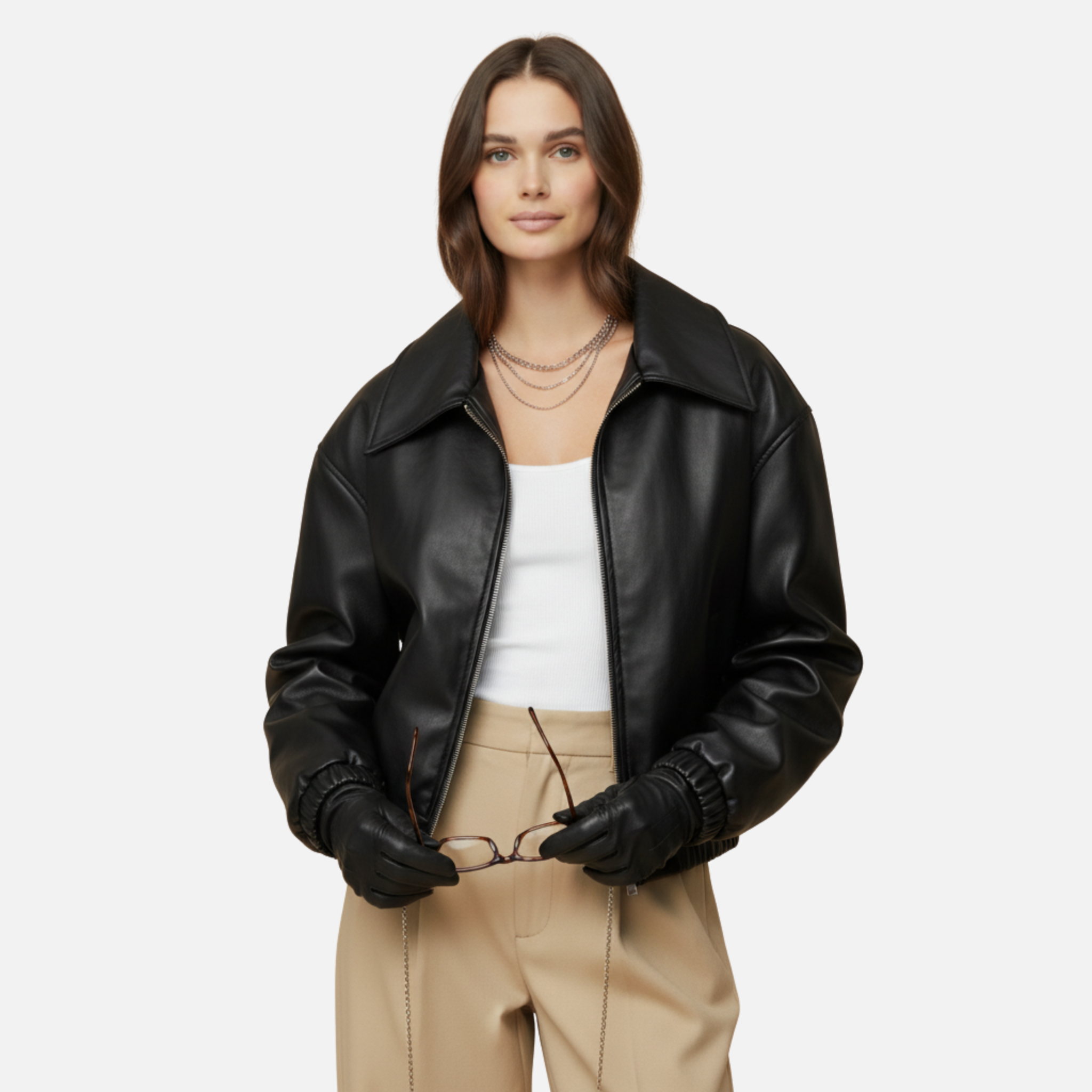 NolaKwin | Elegancka damska kurtka bomber z sztucznej skóry, długi rękaw, elastyczny dół, modna odzież wierzchnia