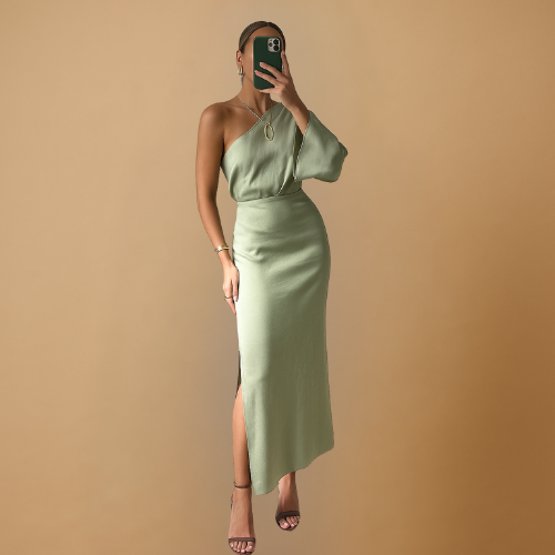Elegancka sukienka maxi na jedno Ramię z efektownym fasonem
