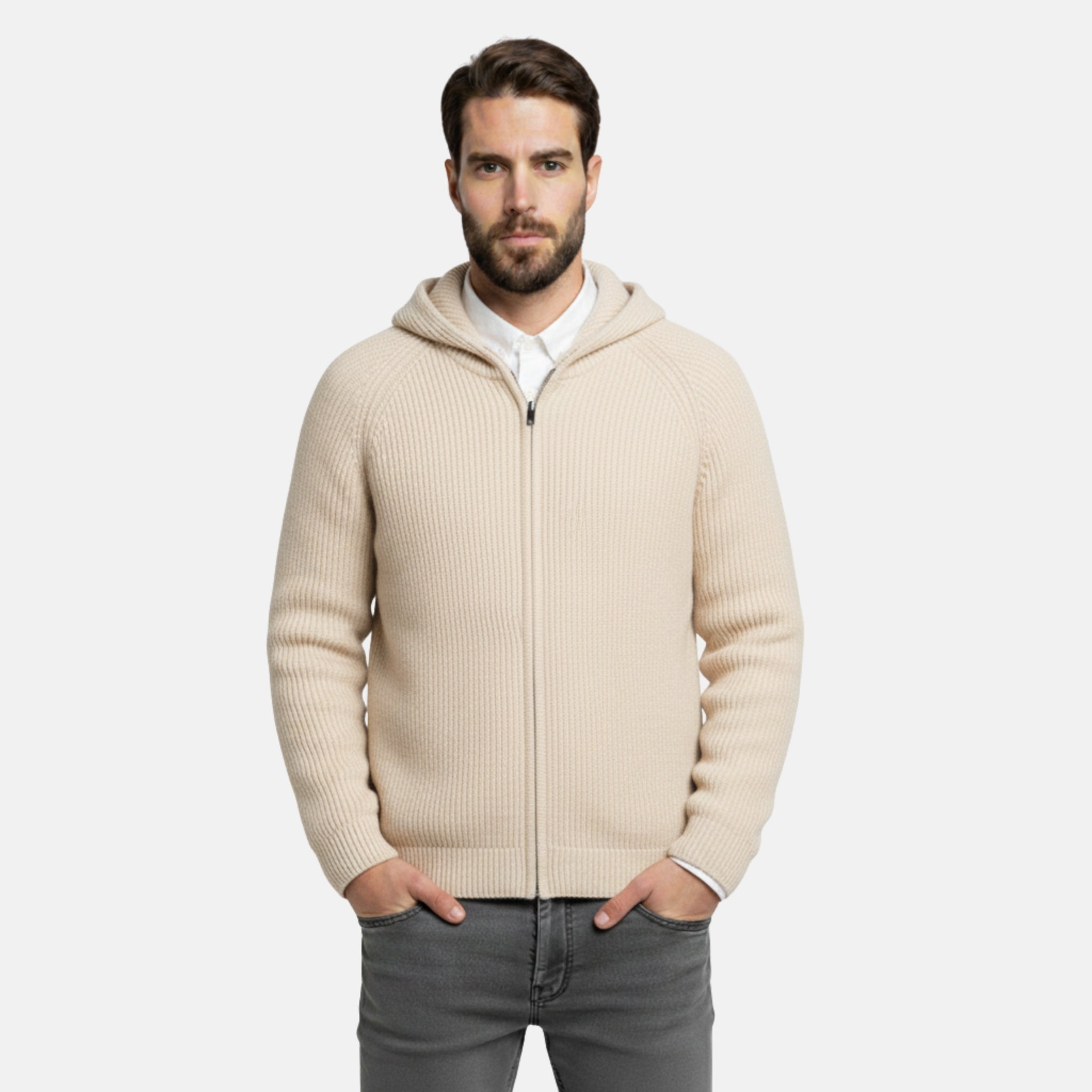 NolaKwin | Męska Bluza z Kapturem na Zamek – Klasyczna Dzianina Merino