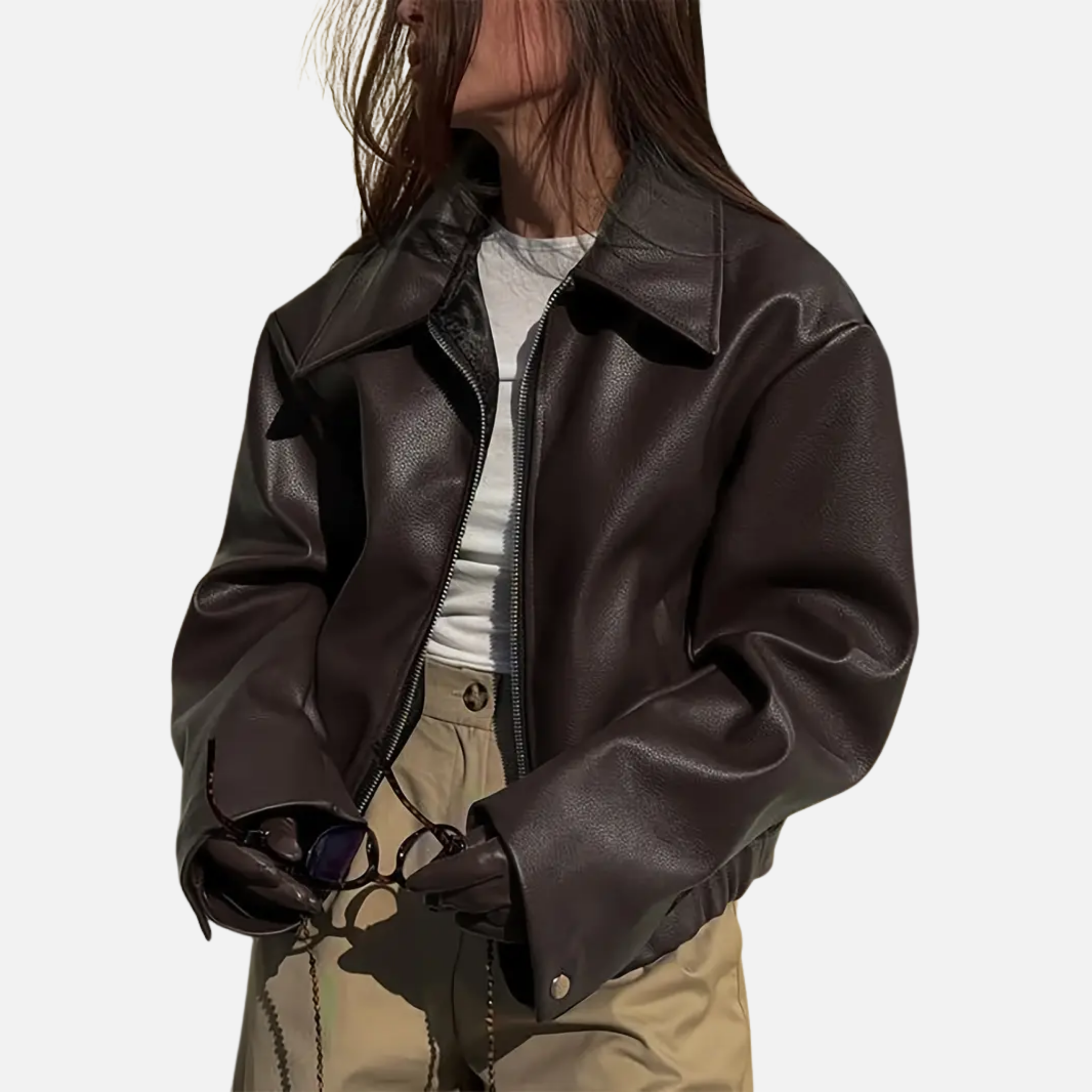 NolaKwin | Elegancka damska kurtka bomber z sztucznej skóry, długi rękaw, elastyczny dół, modna odzież wierzchnia