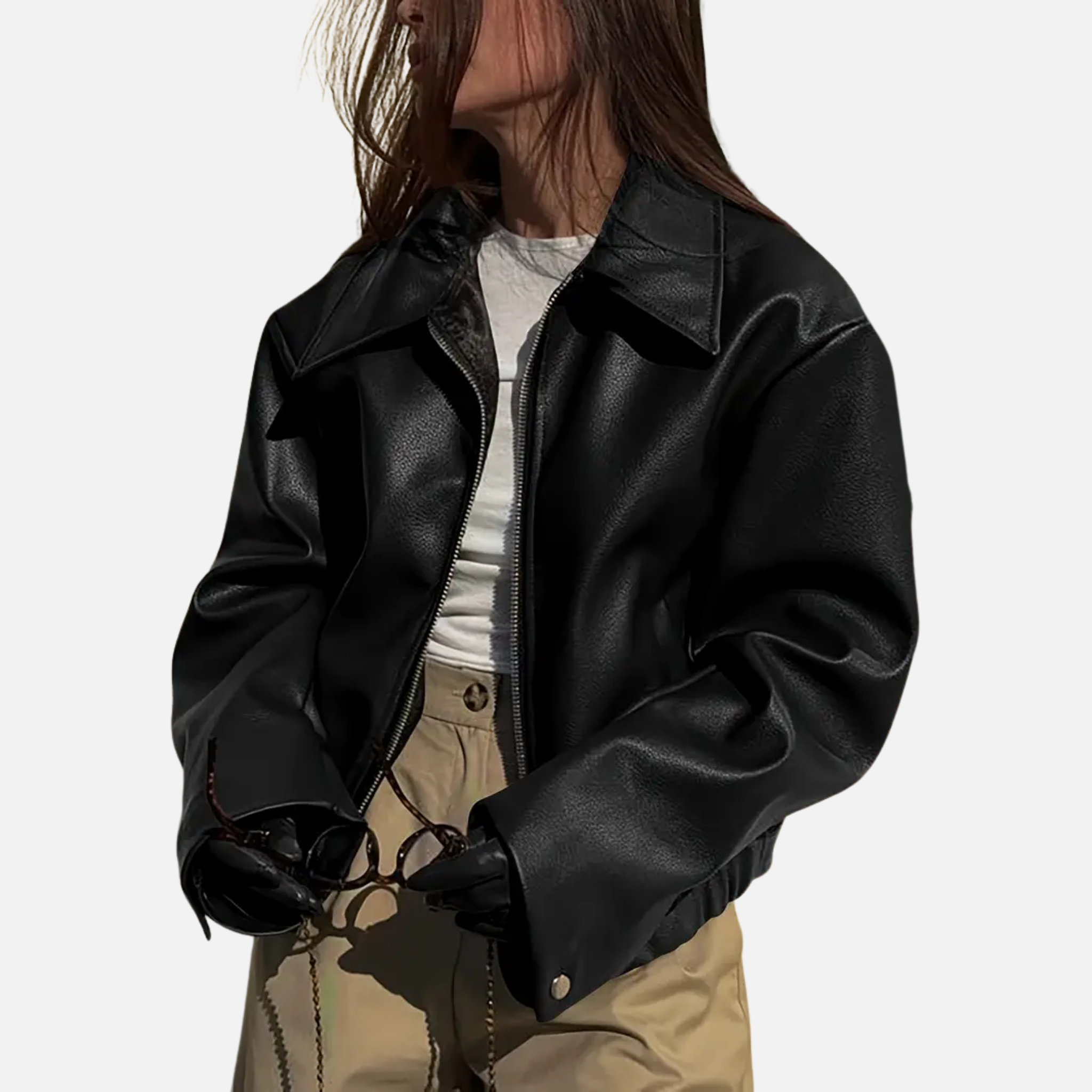NolaKwin | Elegancka damska kurtka bomber z sztucznej skóry, długi rękaw, elastyczny dół, modna odzież wierzchnia