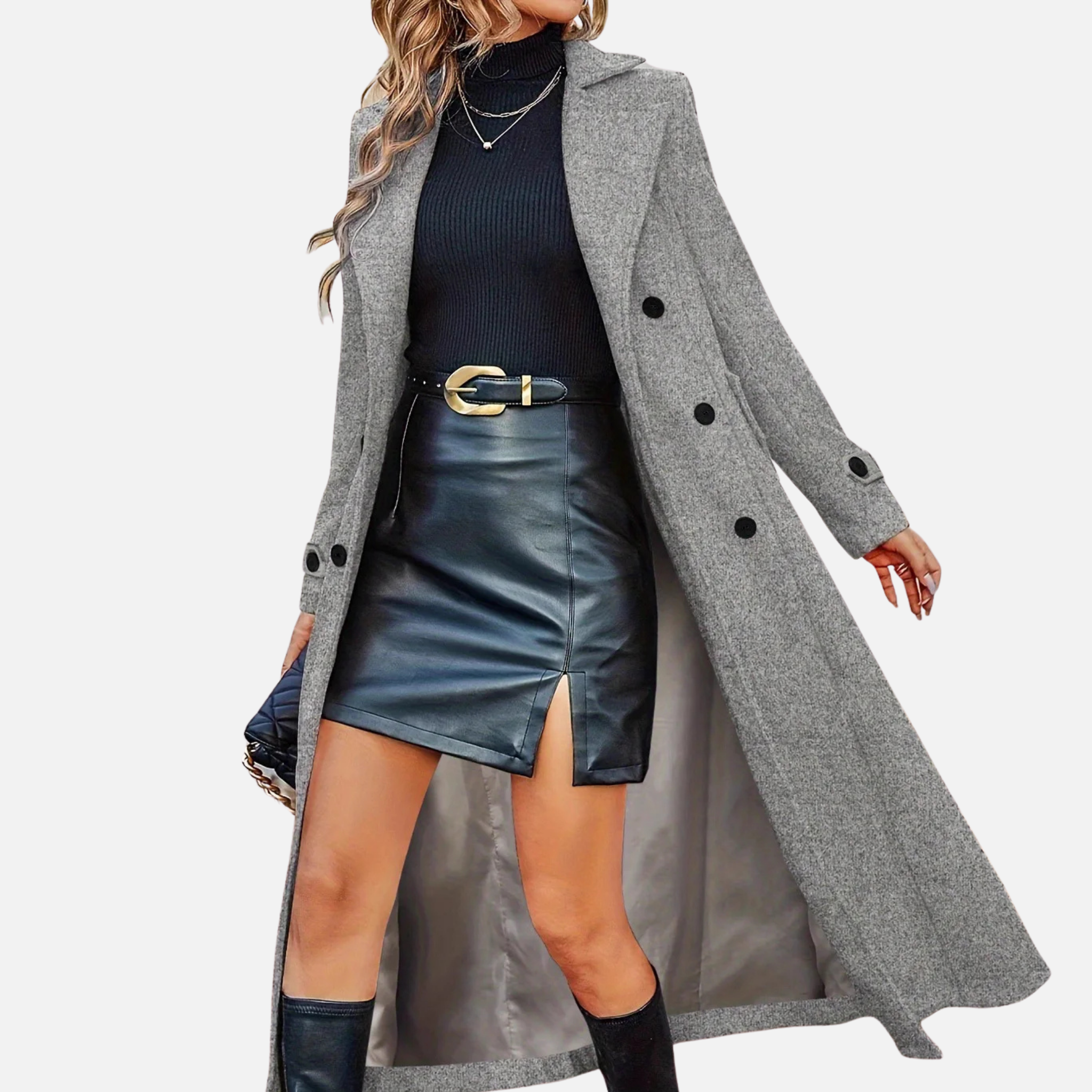 NolaKwin | Damski długi płaszcz dwurzędowy z pełnymi rękawami i klapami - elegancka kurtka na jesień/zimę z kieszeniami