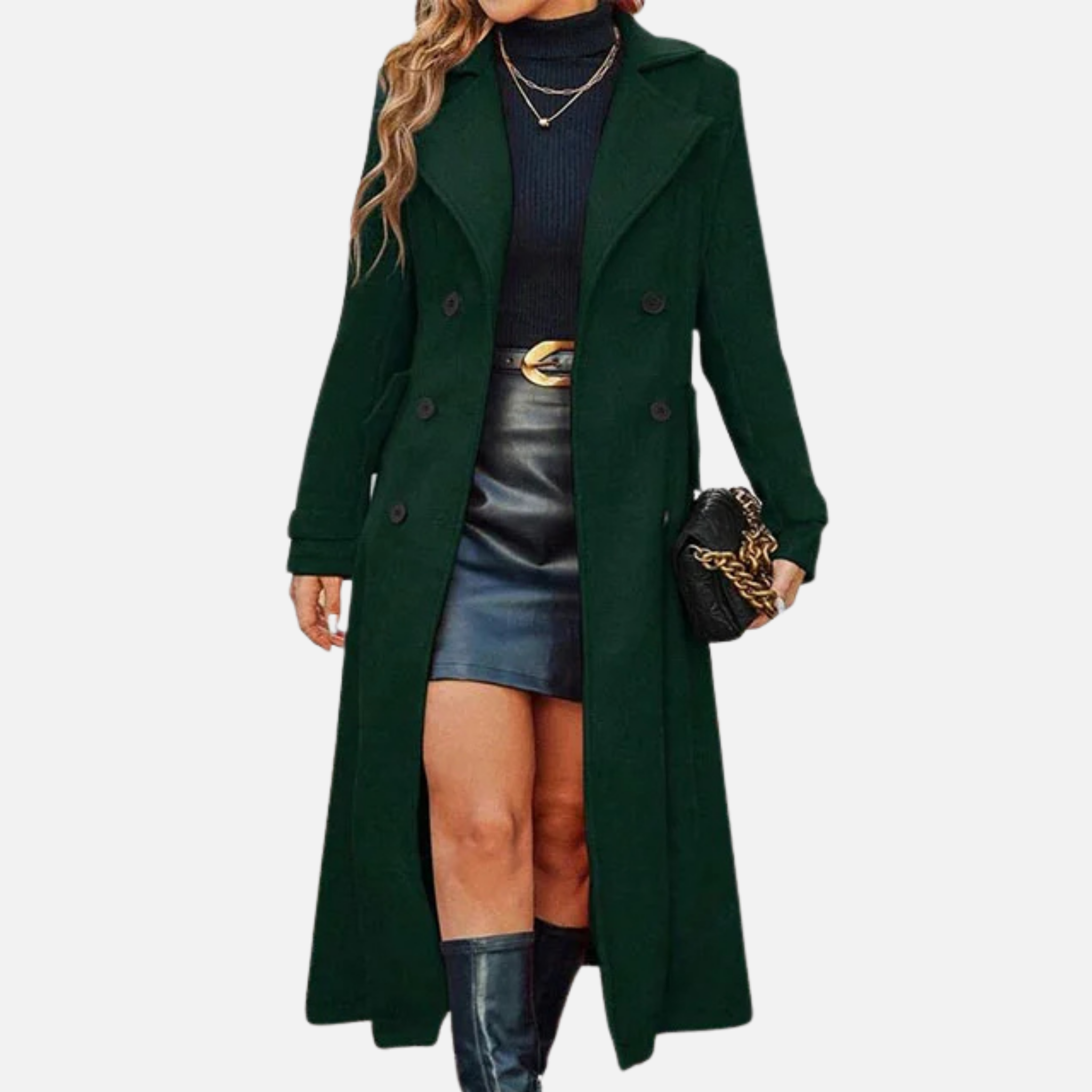 NolaKwin | Damski długi płaszcz dwurzędowy z pełnymi rękawami i klapami - elegancka kurtka na jesień/zimę z kieszeniami