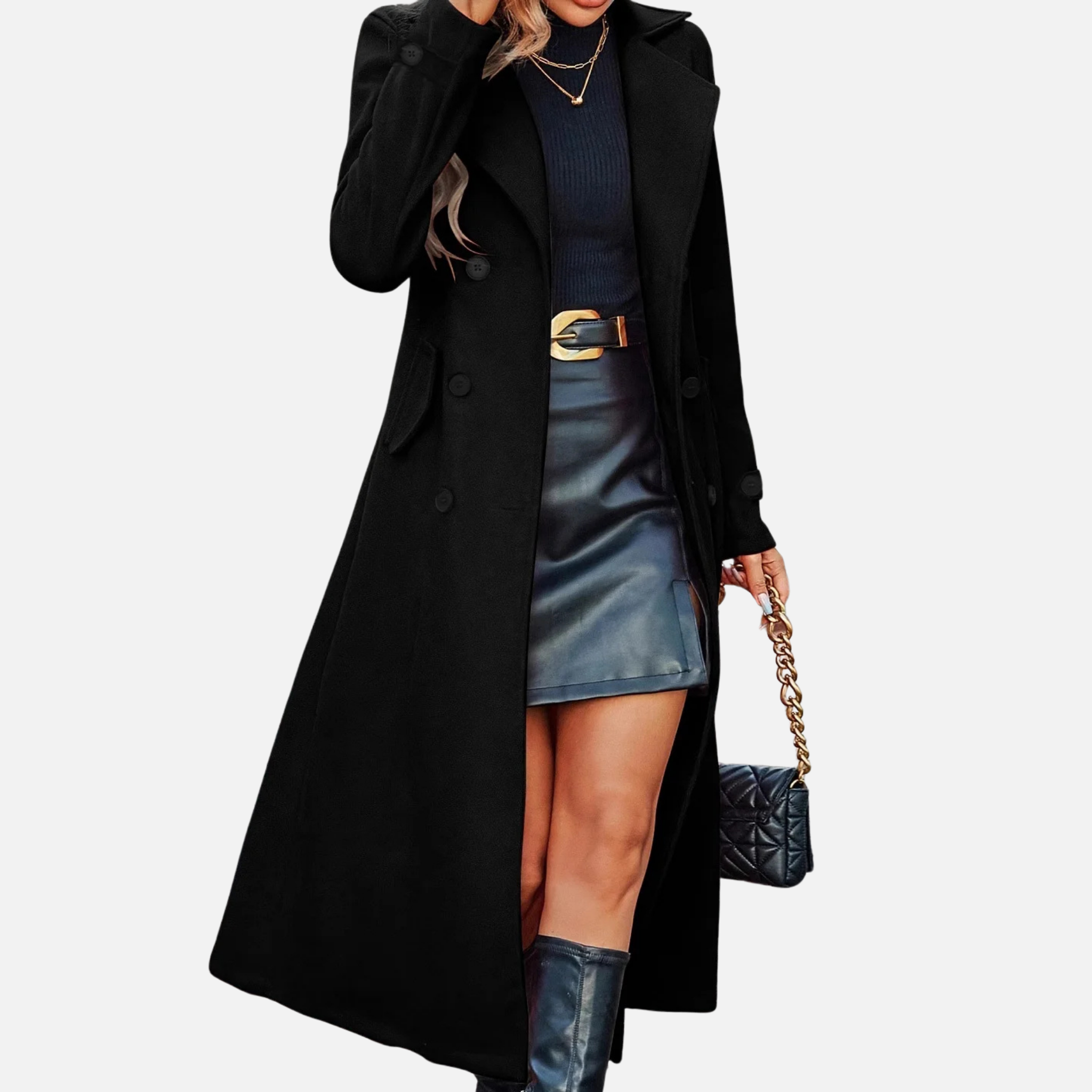 NolaKwin | Damski długi płaszcz dwurzędowy z pełnymi rękawami i klapami - elegancka kurtka na jesień/zimę z kieszeniami