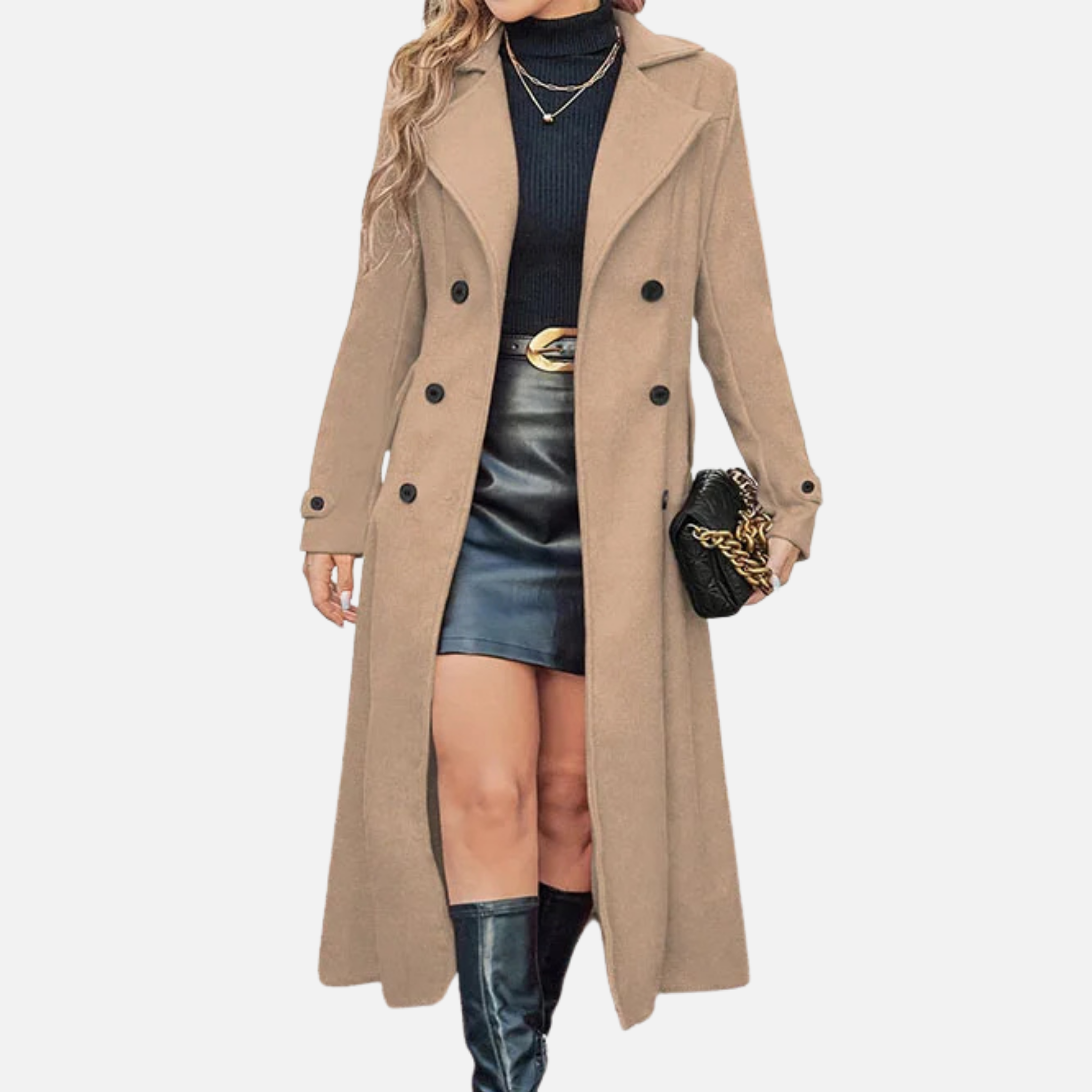NolaKwin | Damski długi płaszcz dwurzędowy z pełnymi rękawami i klapami - elegancka kurtka na jesień/zimę z kieszeniami