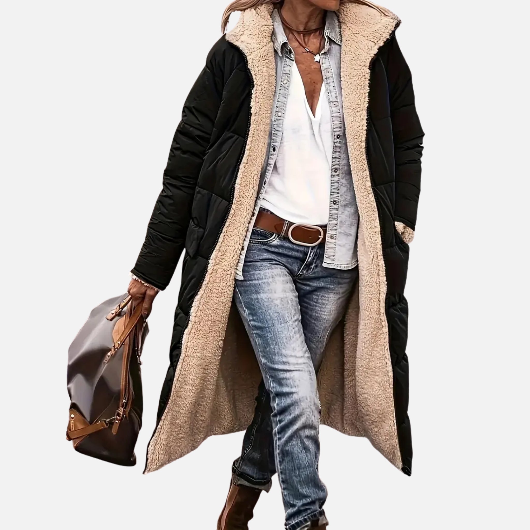 NolaKwin | Stylowa damska długa kurtka puchowa z kapturem na zimę