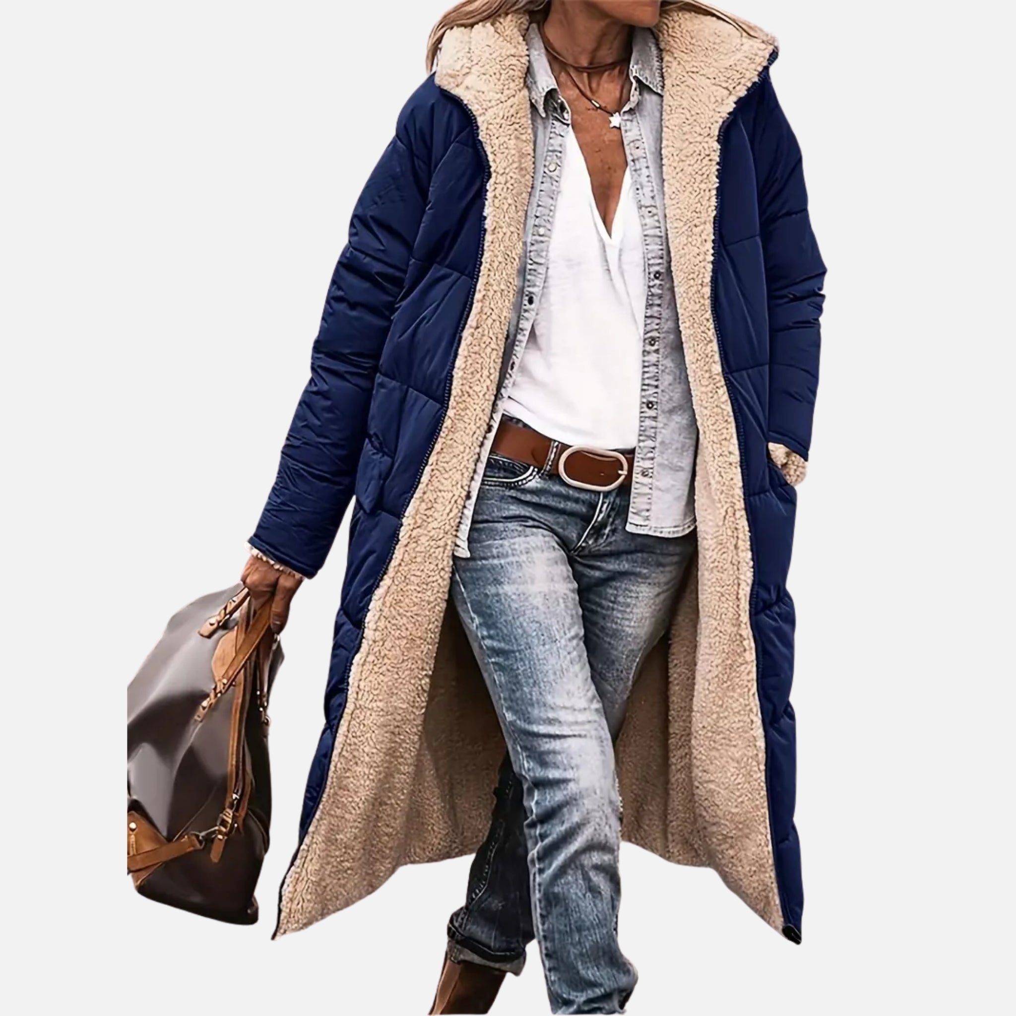 NolaKwin | Stylowa damska długa kurtka puchowa z kapturem na zimę