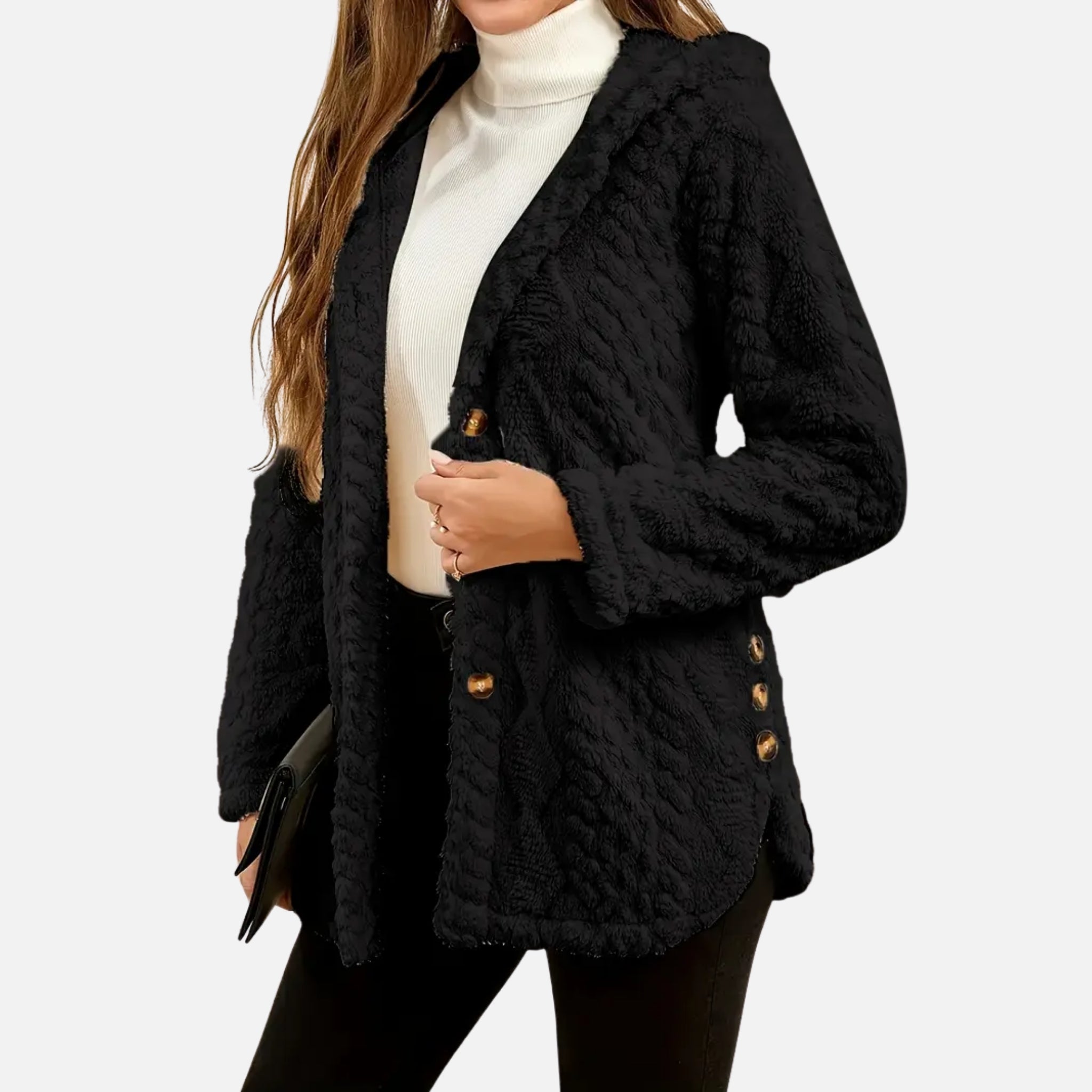 NolaKwin | Damska kurtka casualowa z wzorem argyle, teksturowana, polarowa z kapturem i guzikami