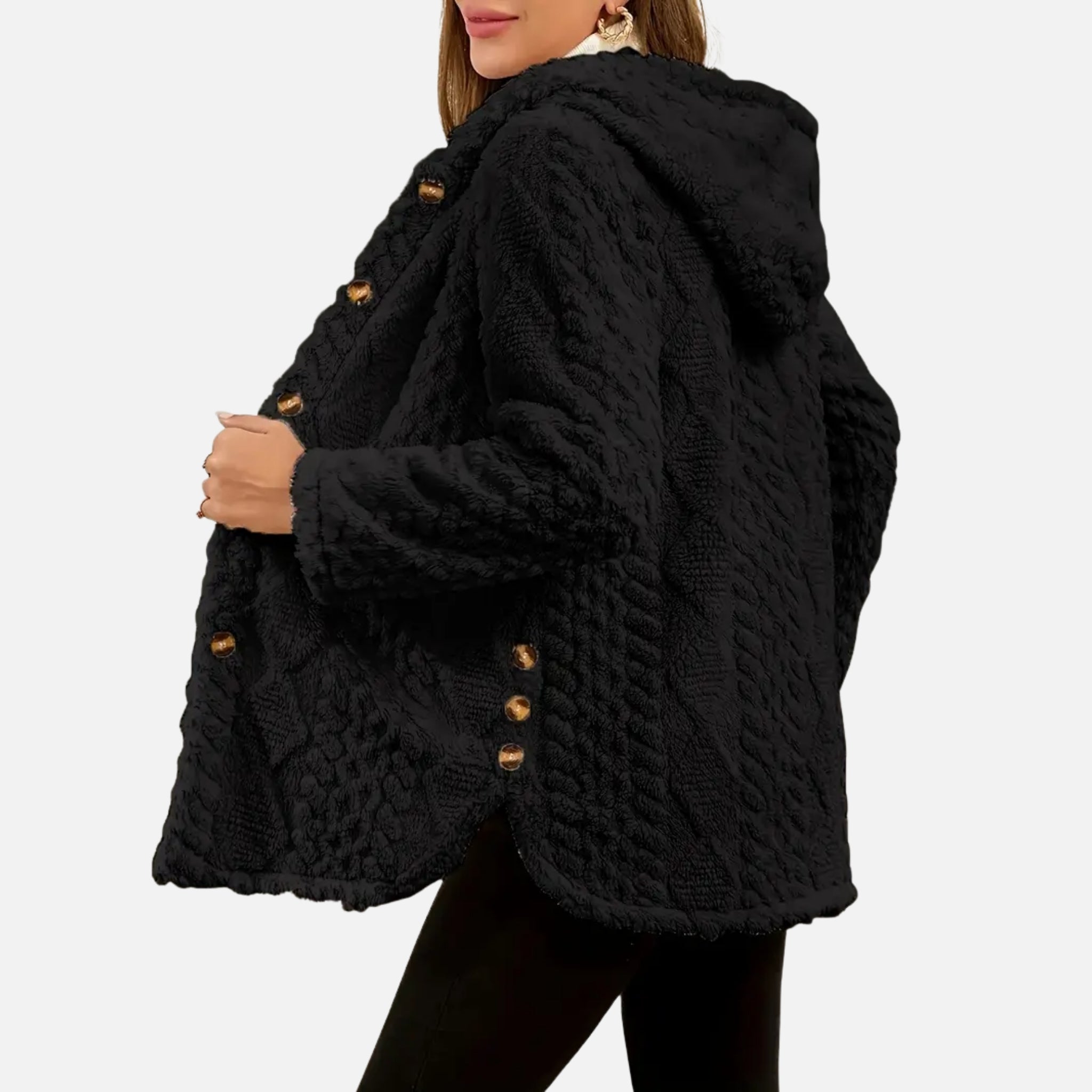 NolaKwin | Damska kurtka casualowa z wzorem argyle, teksturowana, polarowa z kapturem i guzikami