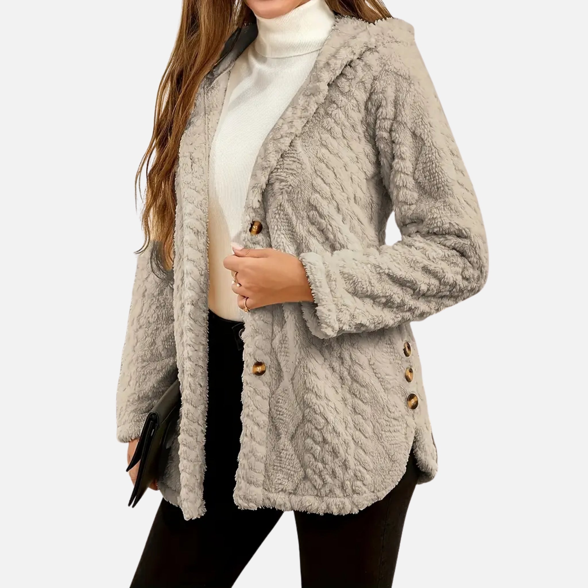 NolaKwin | Damska kurtka casualowa z wzorem argyle, teksturowana, polarowa z kapturem i guzikami