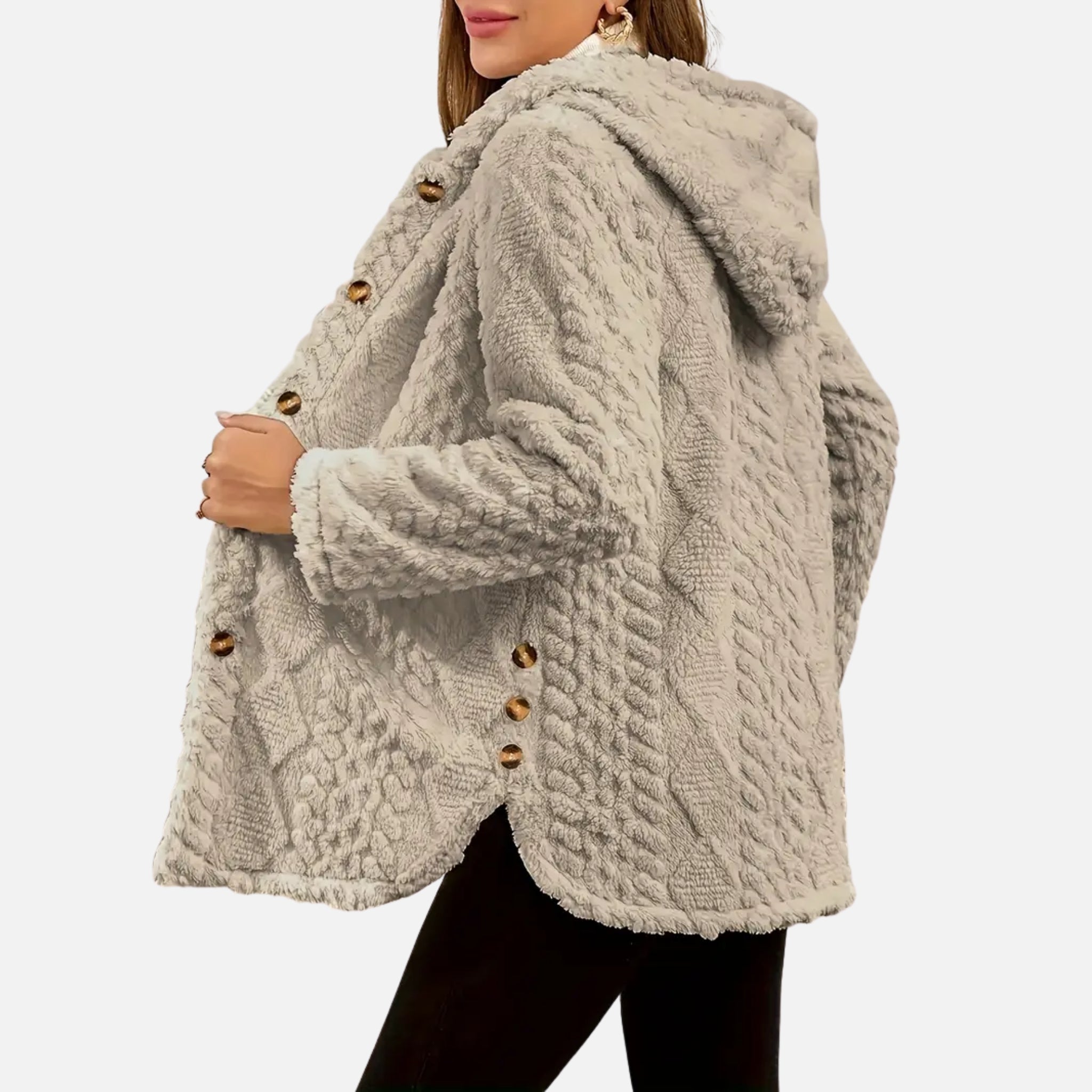 NolaKwin | Damska kurtka casualowa z wzorem argyle, teksturowana, polarowa z kapturem i guzikami