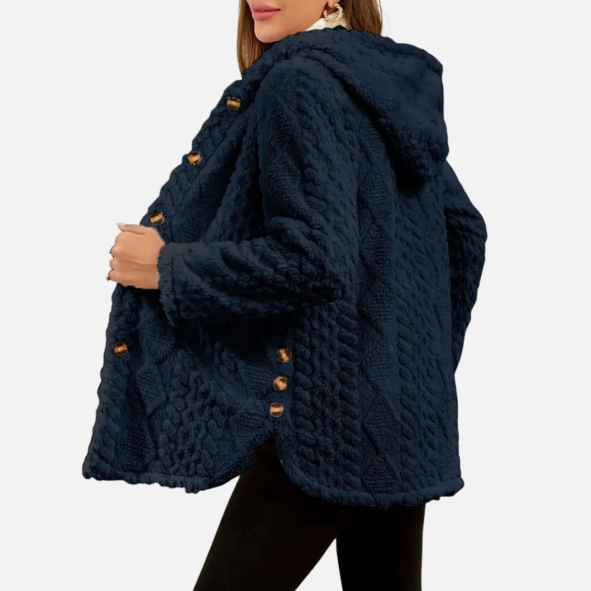 NolaKwin | Damska kurtka casualowa z wzorem argyle, teksturowana, polarowa z kapturem i guzikami