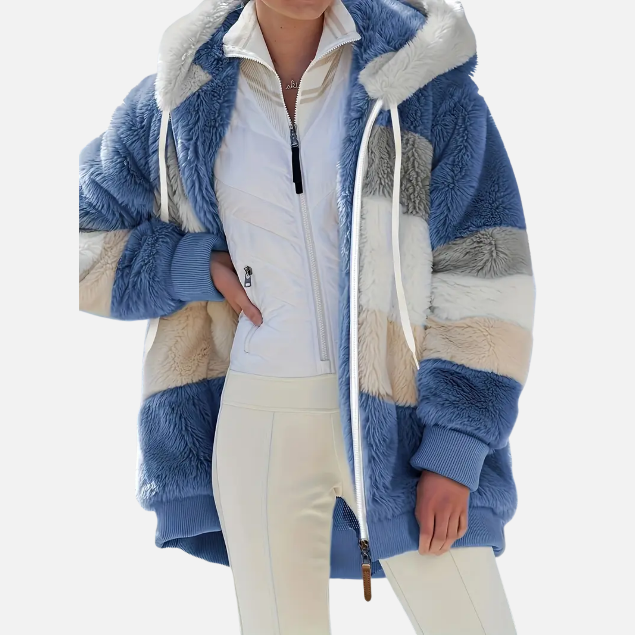 NolaKwin | Damski długi kardigan w paski na jesień i zimę, z lampionowymi rękawami i kapturem