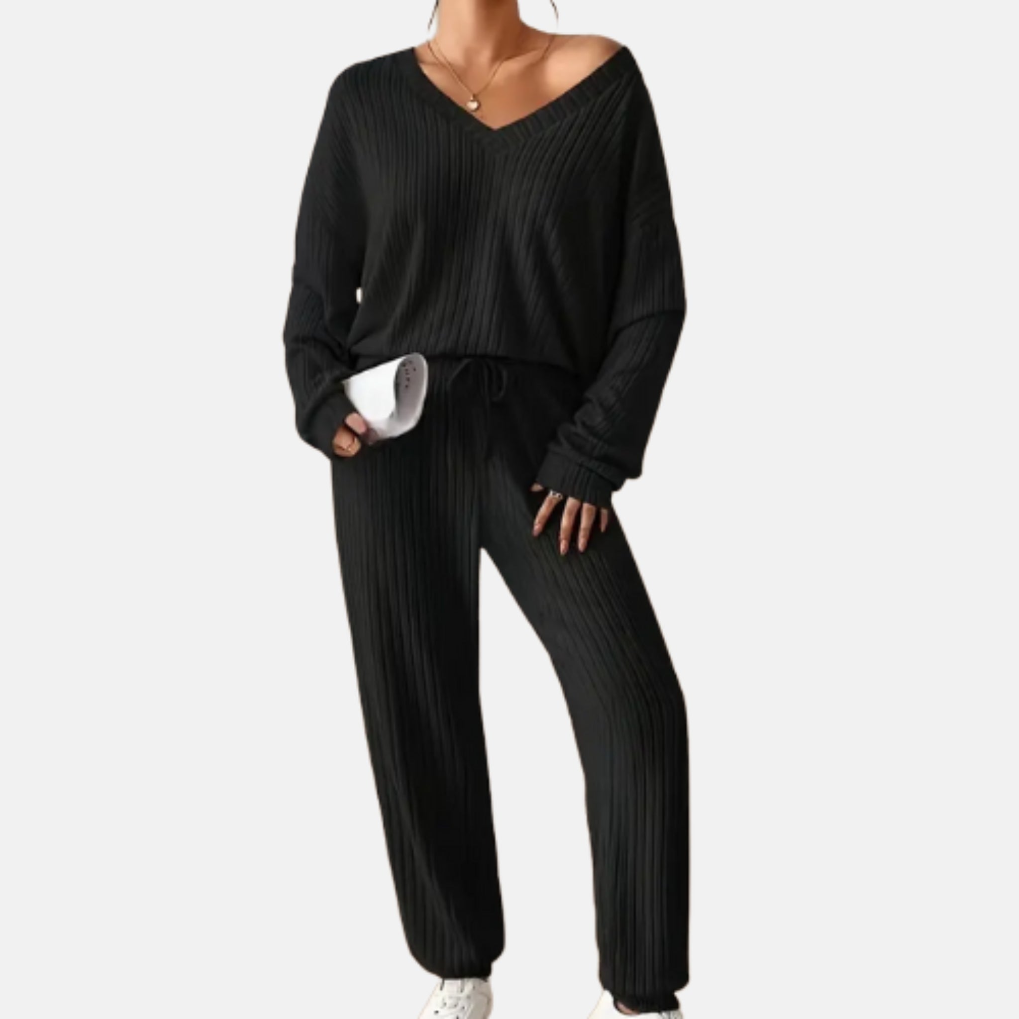 NolaKwin | Zestaw na Zimę Casual V-Neck Sweter Damski i Długie Spodnie - Prosty, Luźny Krój