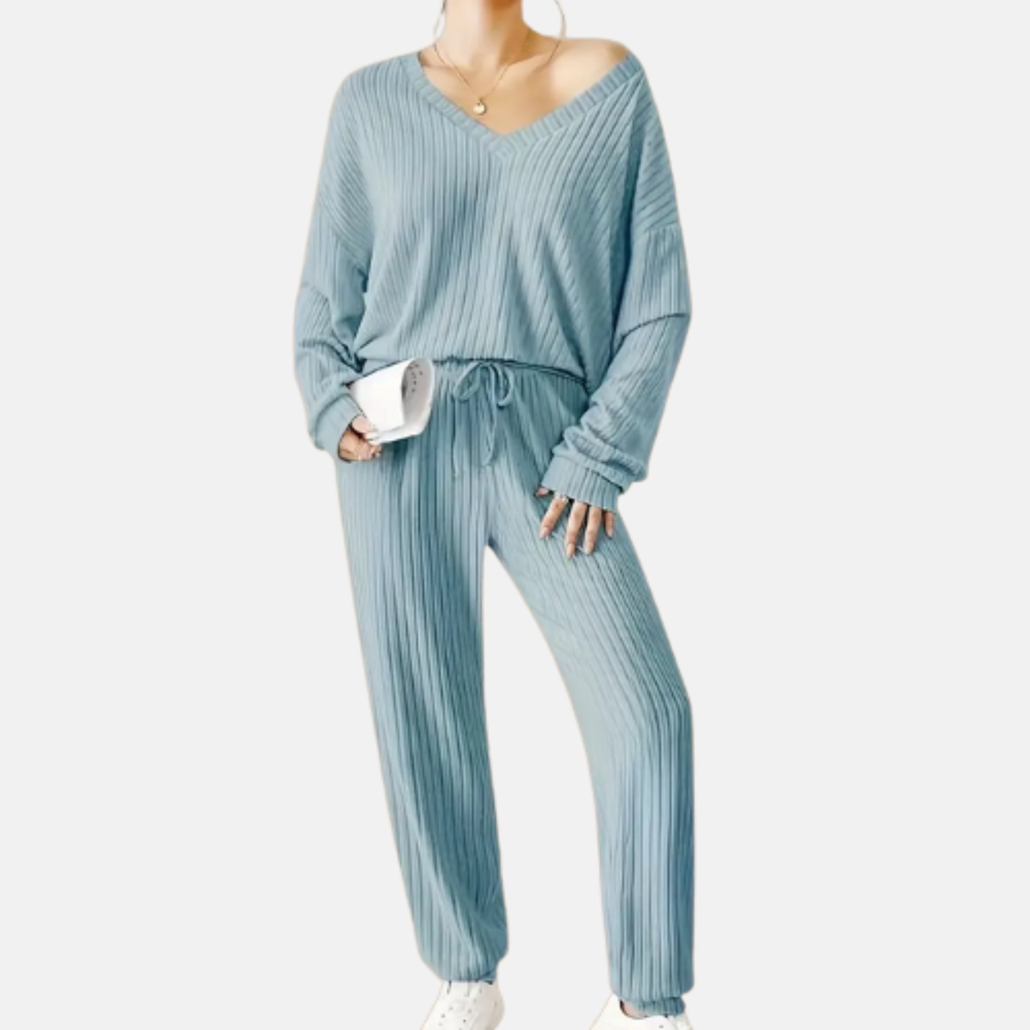 NolaKwin | Zestaw na Zimę Casual V-Neck Sweter Damski i Długie Spodnie - Prosty, Luźny Krój