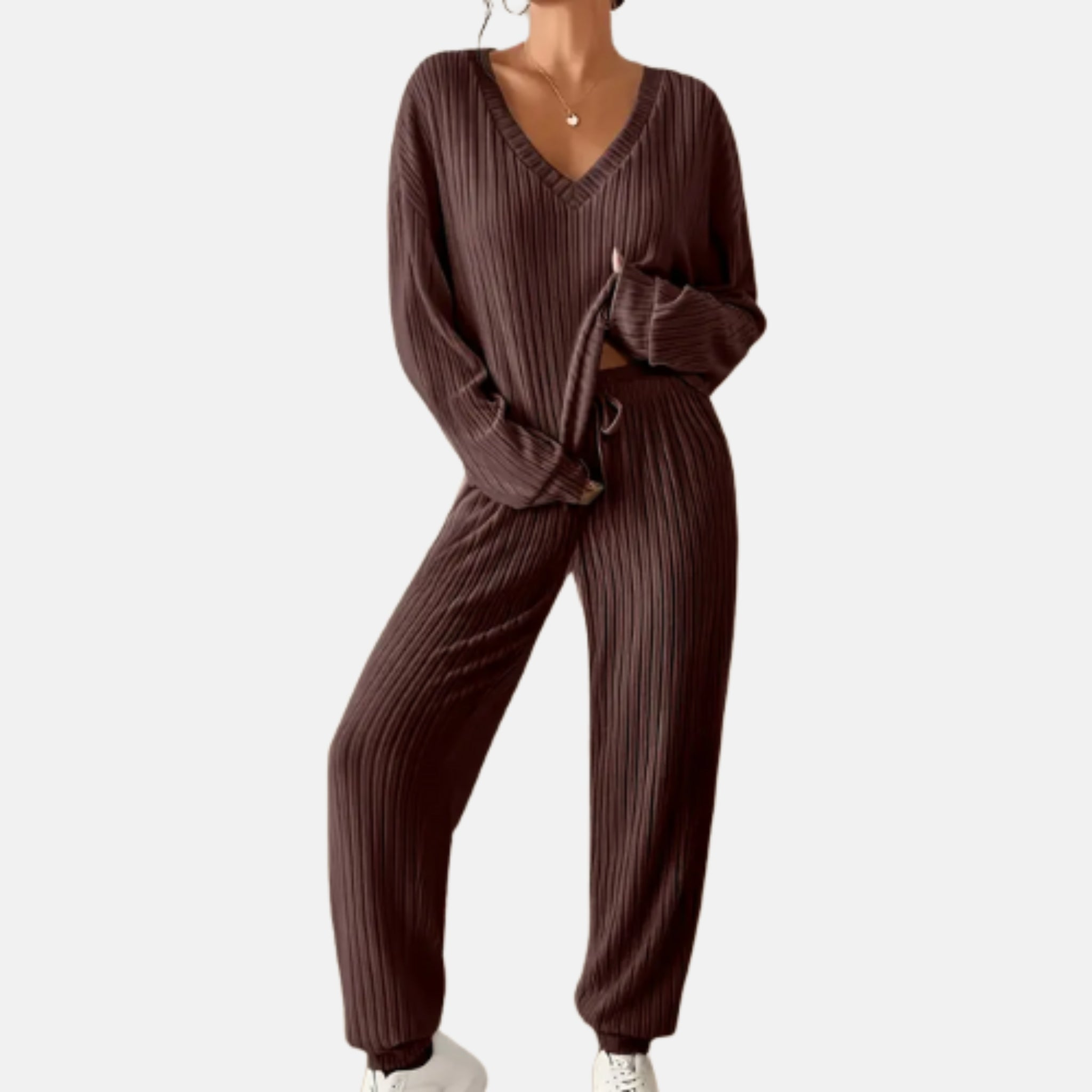 NolaKwin | Zestaw na Zimę Casual V-Neck Sweter Damski i Długie Spodnie - Prosty, Luźny Krój