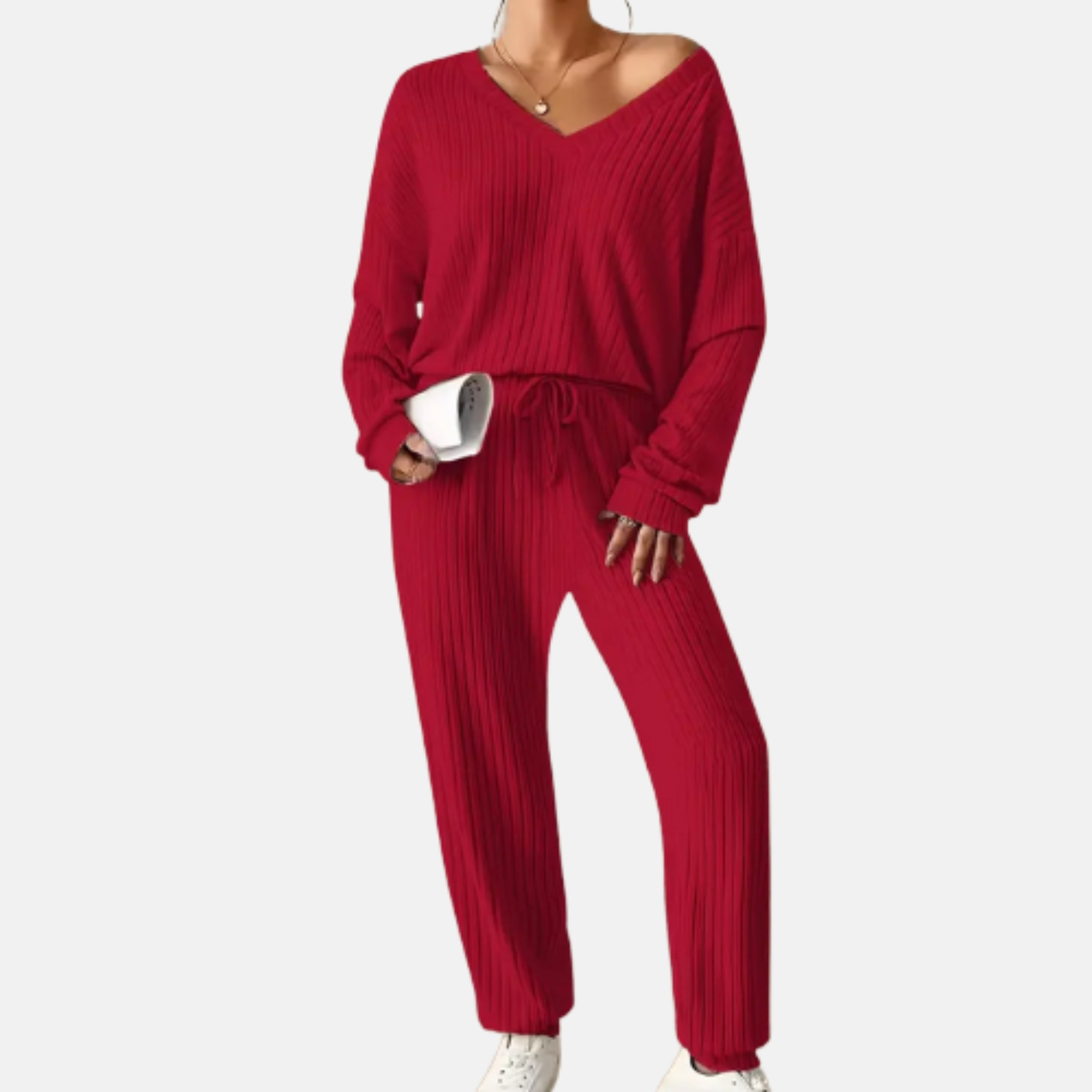 NolaKwin | Zestaw na Zimę Casual V-Neck Sweter Damski i Długie Spodnie - Prosty, Luźny Krój