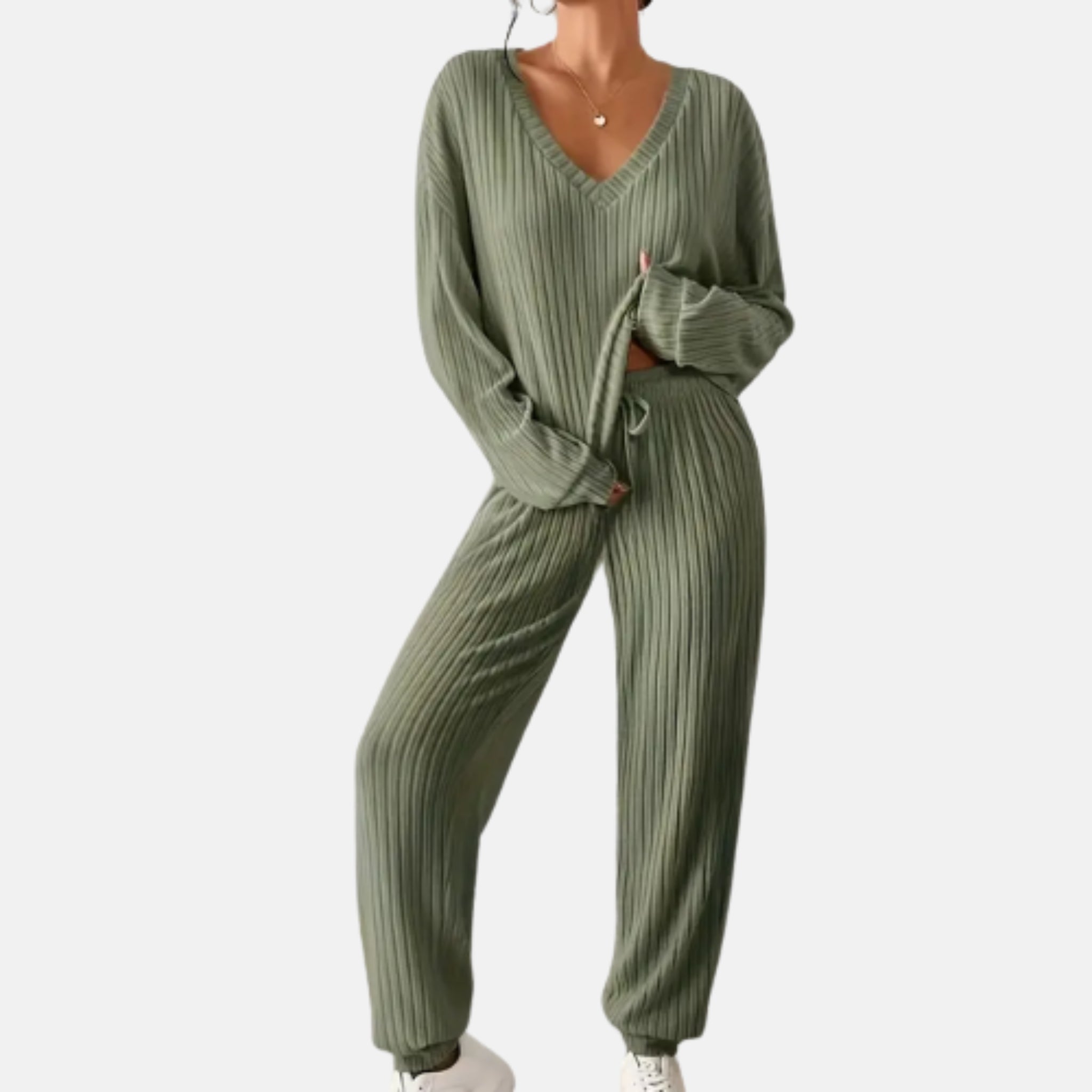 NolaKwin | Zestaw na Zimę Casual V-Neck Sweter Damski i Długie Spodnie - Prosty, Luźny Krój