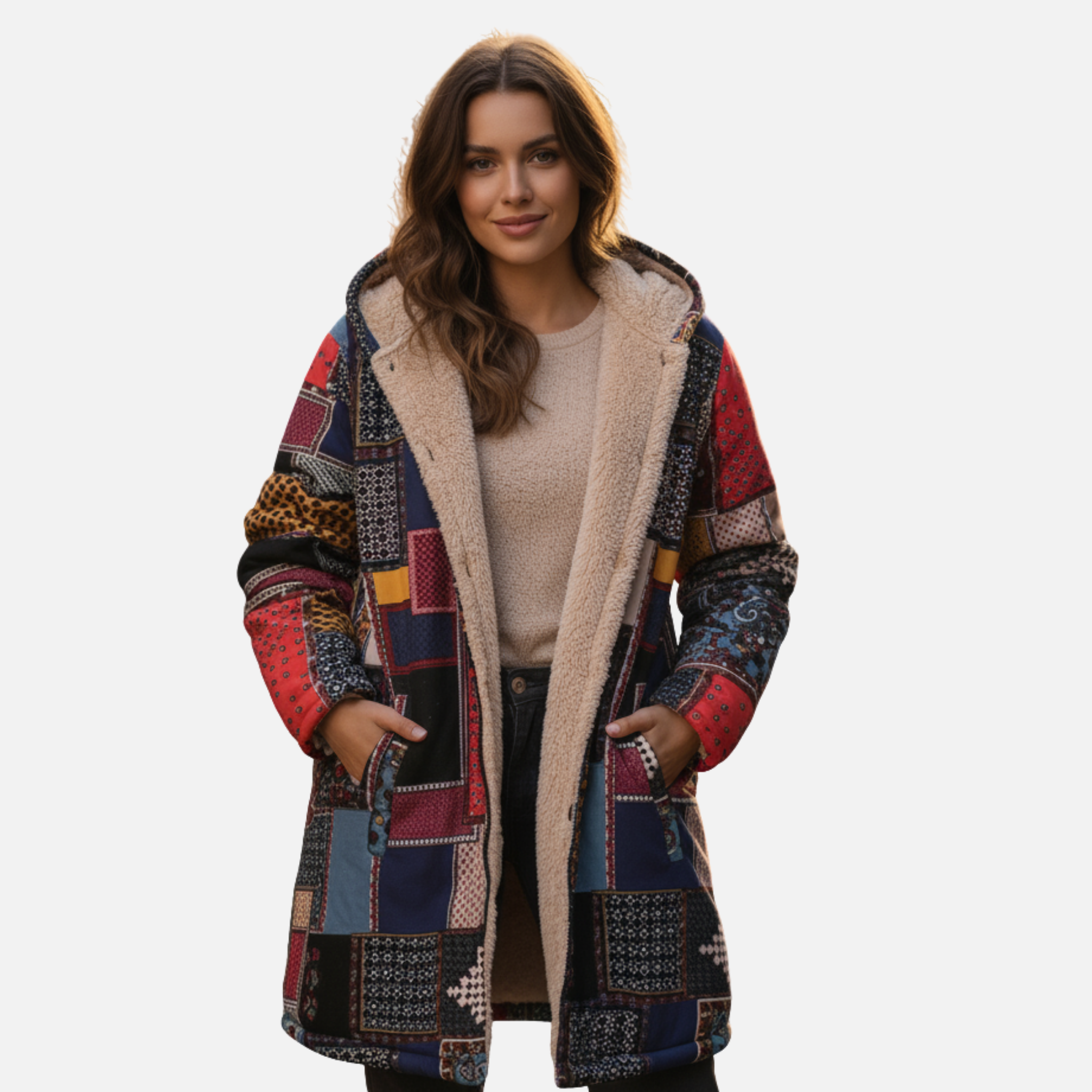 NolaKwin | Ciepła polarowa kurtka damska z kapturem, etniczny półdługi kardigan z bawełny